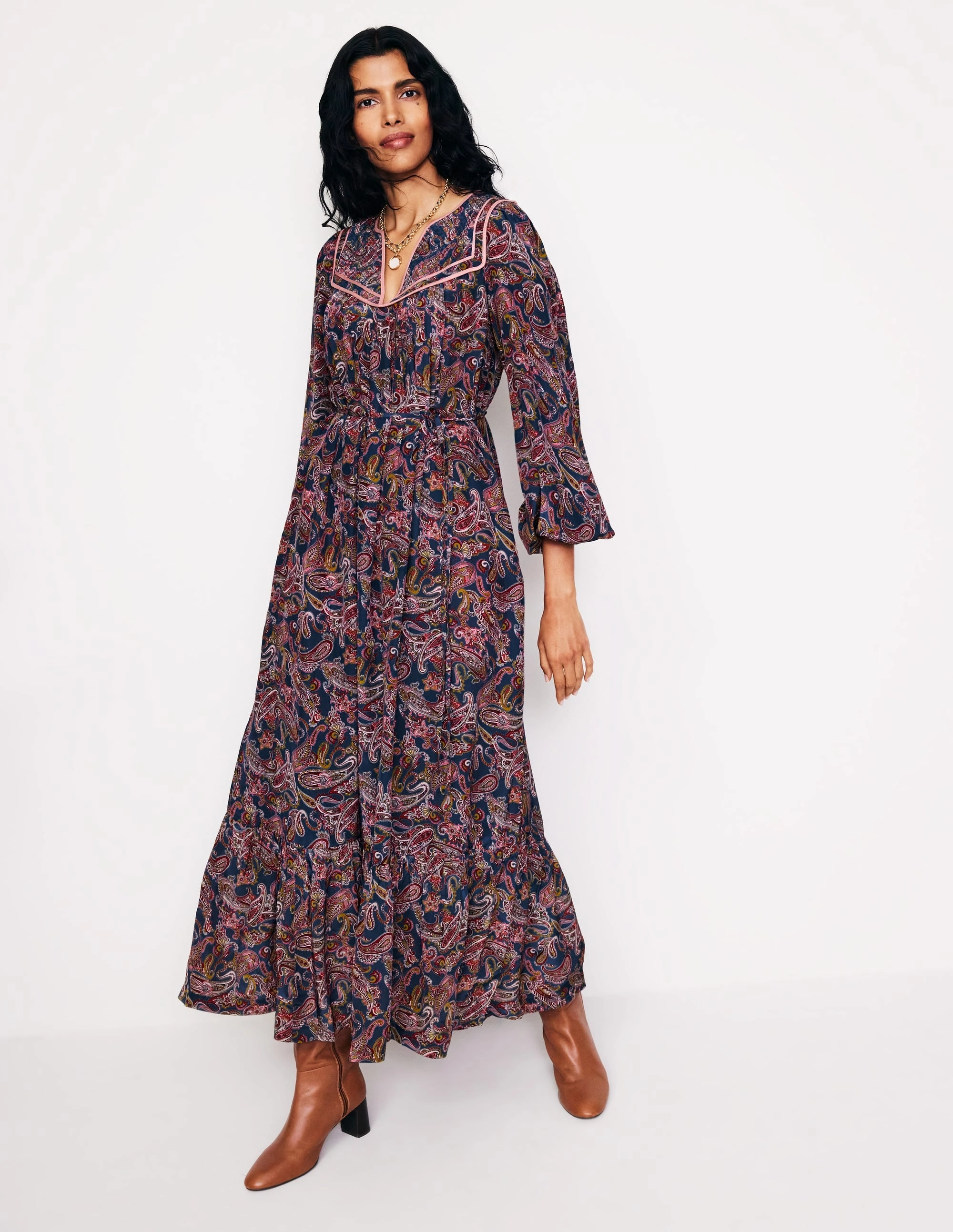 Quilted Yoke Maxi Dress-True Navy, Opulent Paisley Global Style