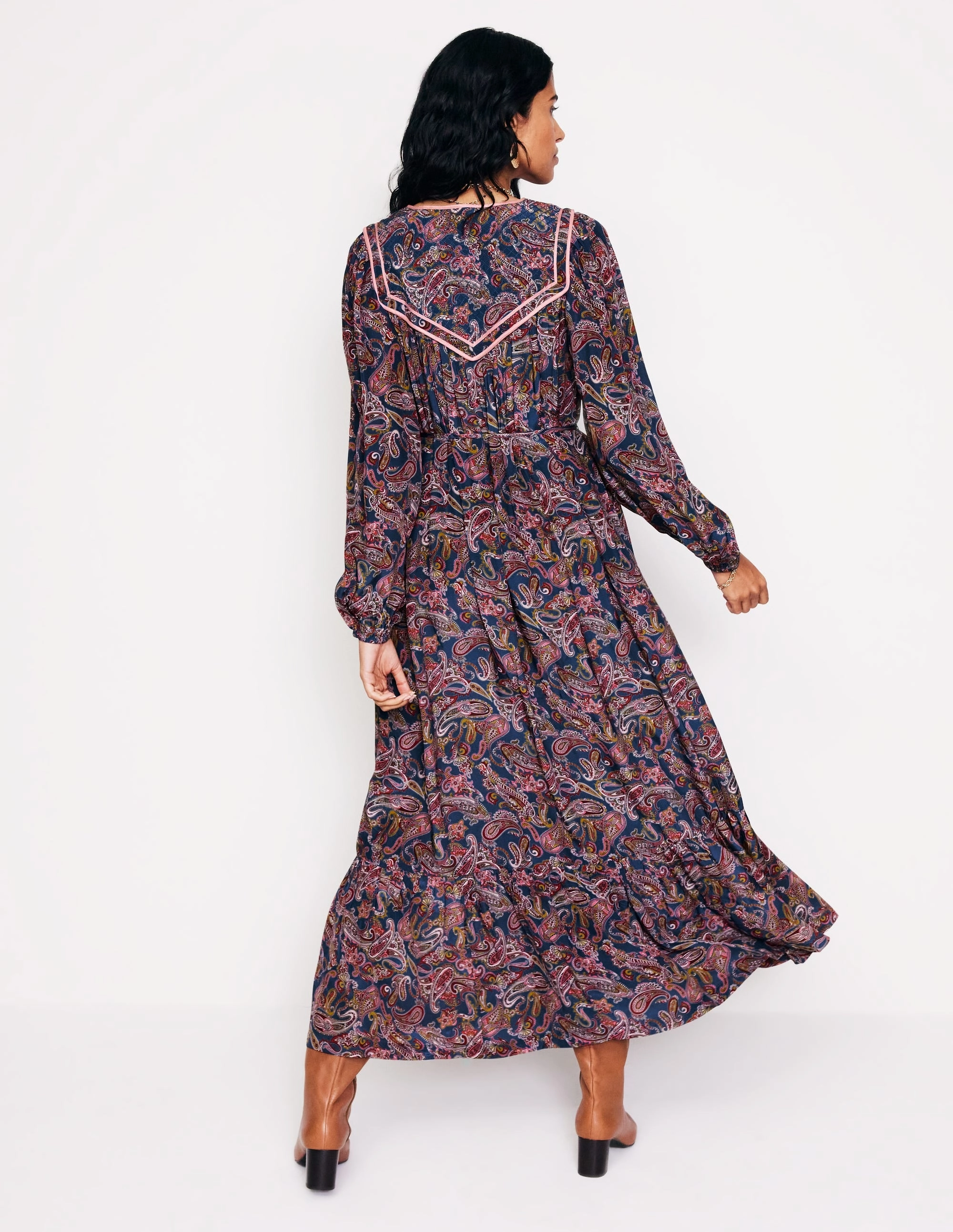Quilted Yoke Maxi Dress-True Navy, Opulent Paisley Boat-Neck