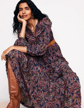Flattering Waist Design Fit Modern Texture Quilted Yoke Maxi Dress-True Navy, Opulent Paisley
