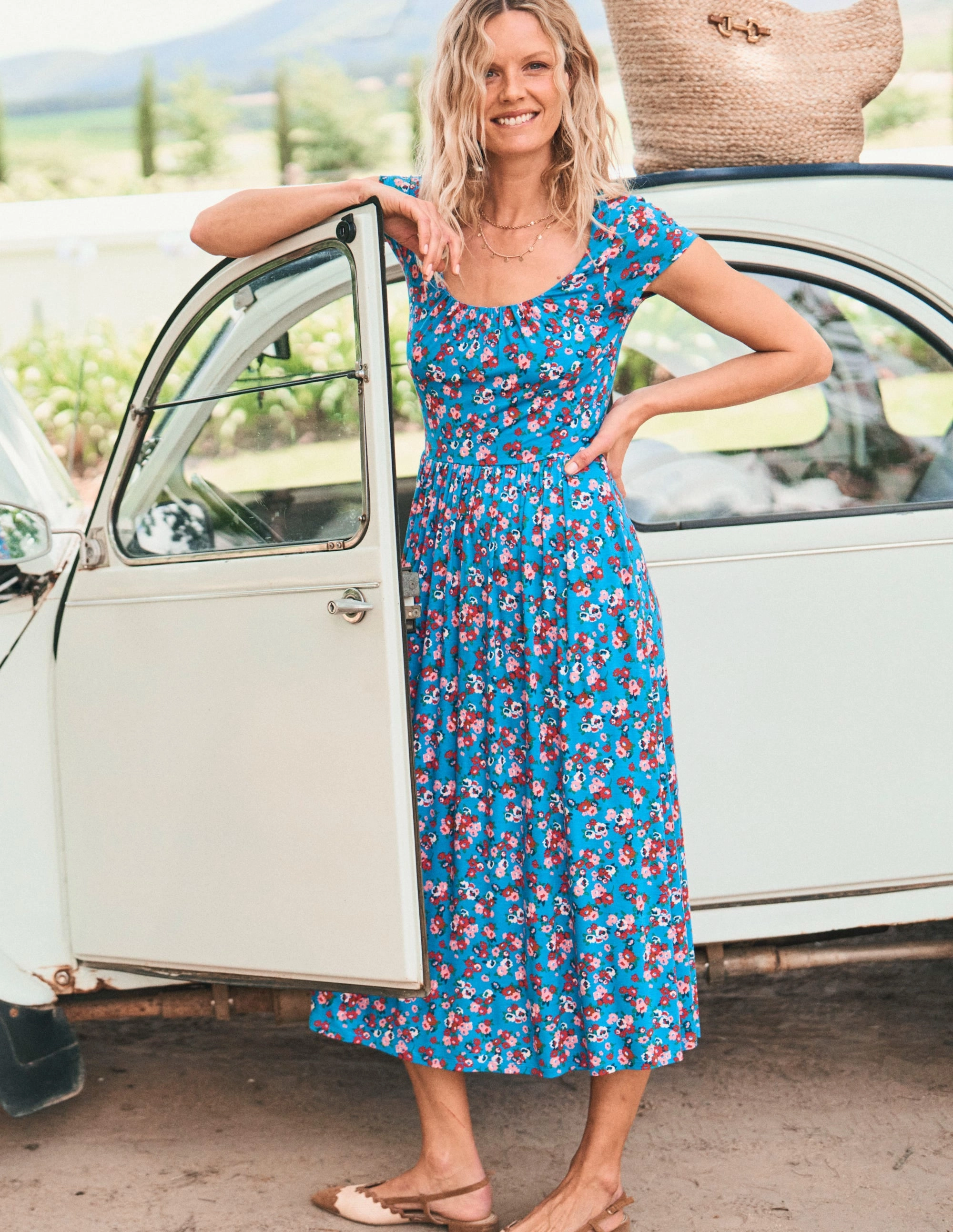 Classic Mood Samantha Scoop Jersey Dress-Cerulean Blue, Painterly Posy