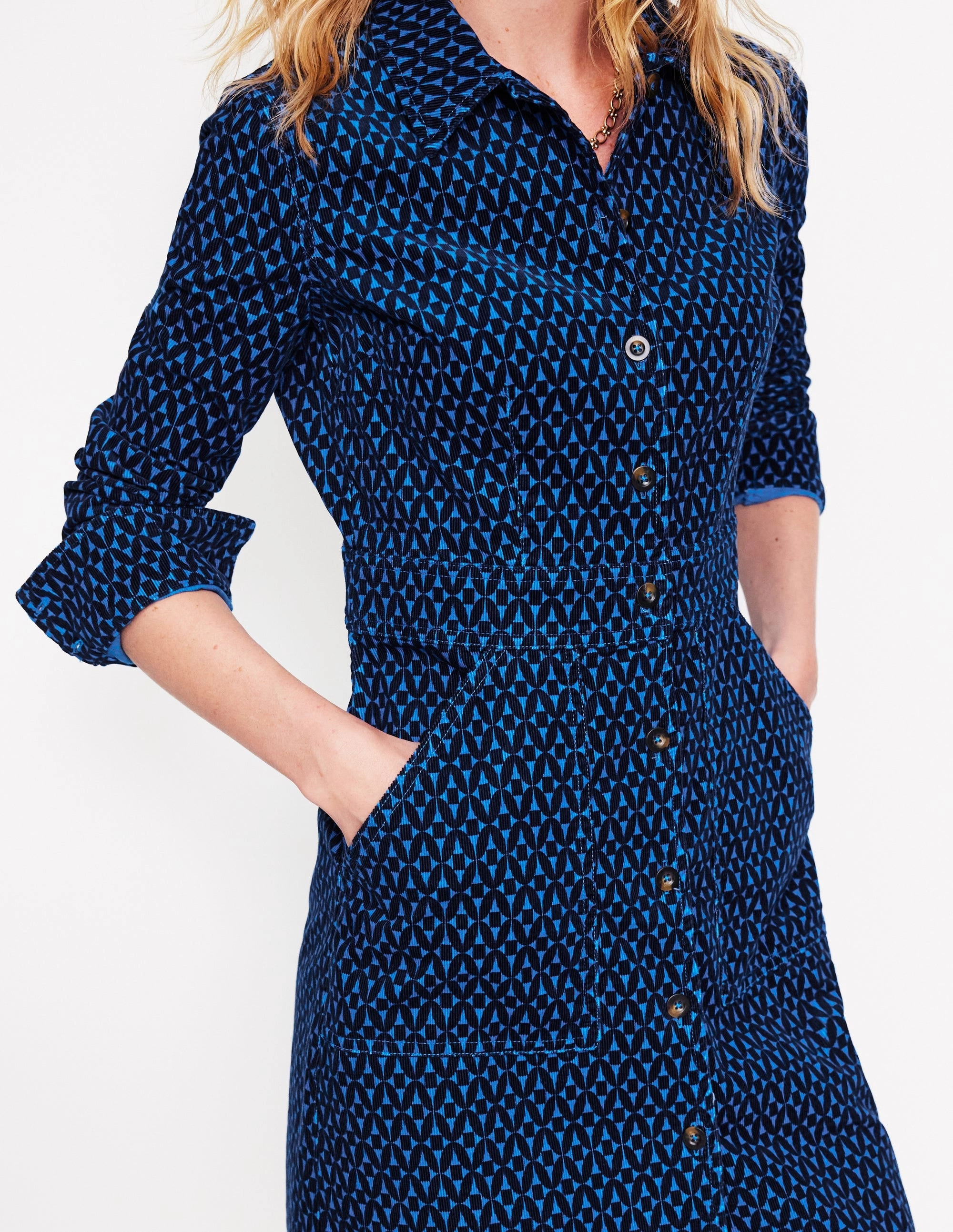 Flora Cord Shirt Dress-Blue, Diamond Trellis Calm Fit