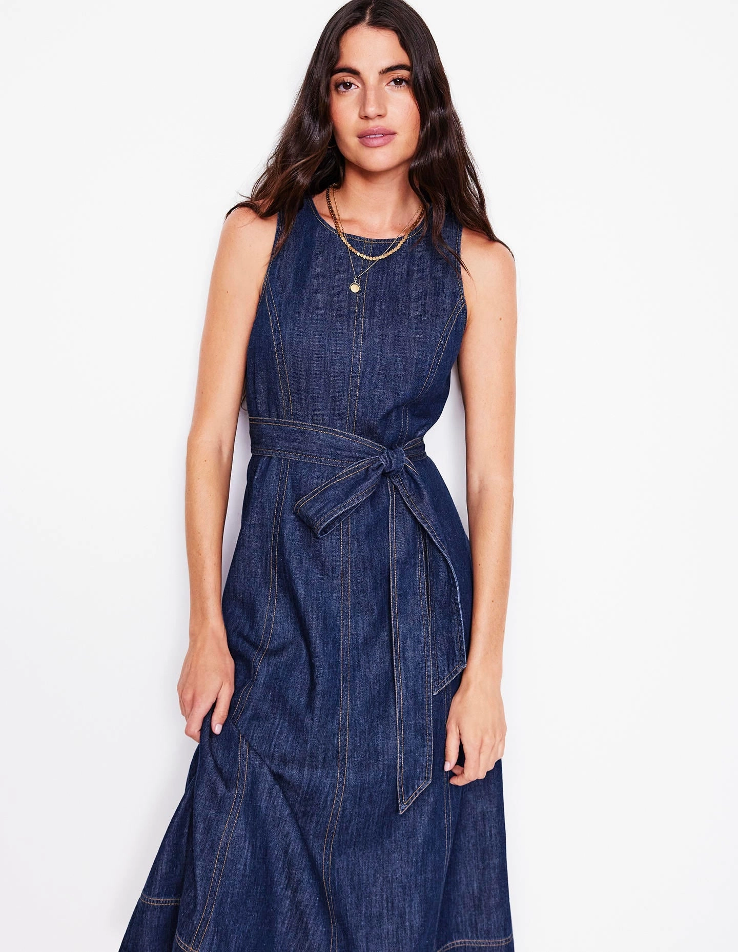 AntiStaticMaterial Sleeveless Denim Dress-Dark Vintage Denim