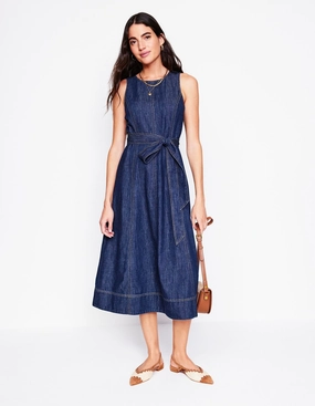 Gloss Finish Crisp Texture Sleeveless Denim Dress-Dark Vintage Denim