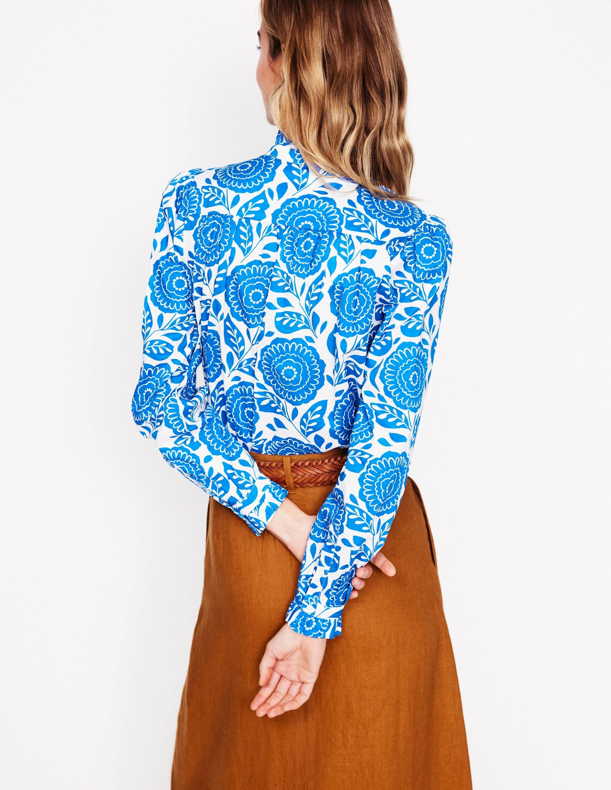 Felicity Cotton Blouse-Gallery Blue, Dahlia Stamp Trendy Comfort Fit LightweightBlend