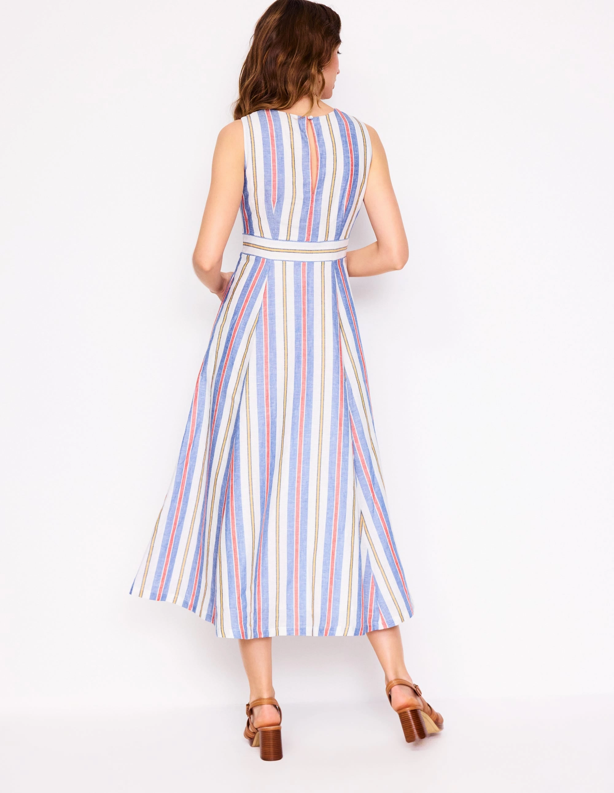 Event Perfect Linen-Blend Sleeveless Linen Blend Dress-Bright Blue and Brown Stripe