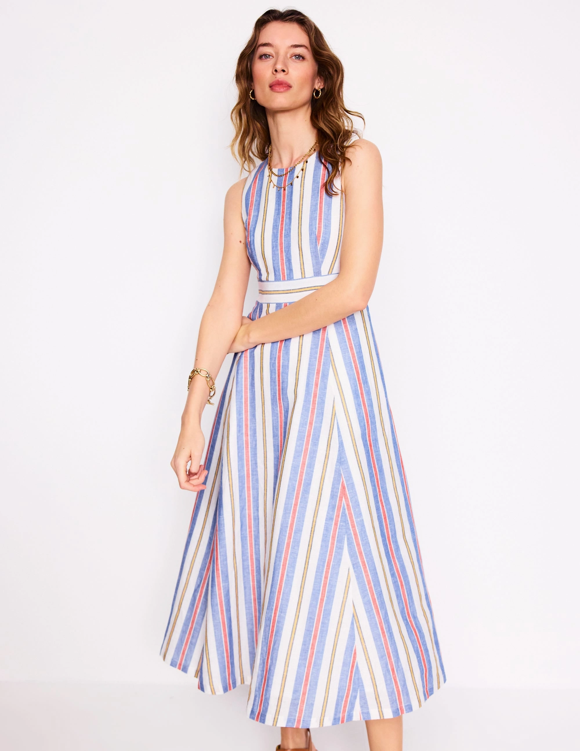 Lightweight Wear Sleeveless Linen Blend Dress-Bright Blue and Brown Stripe