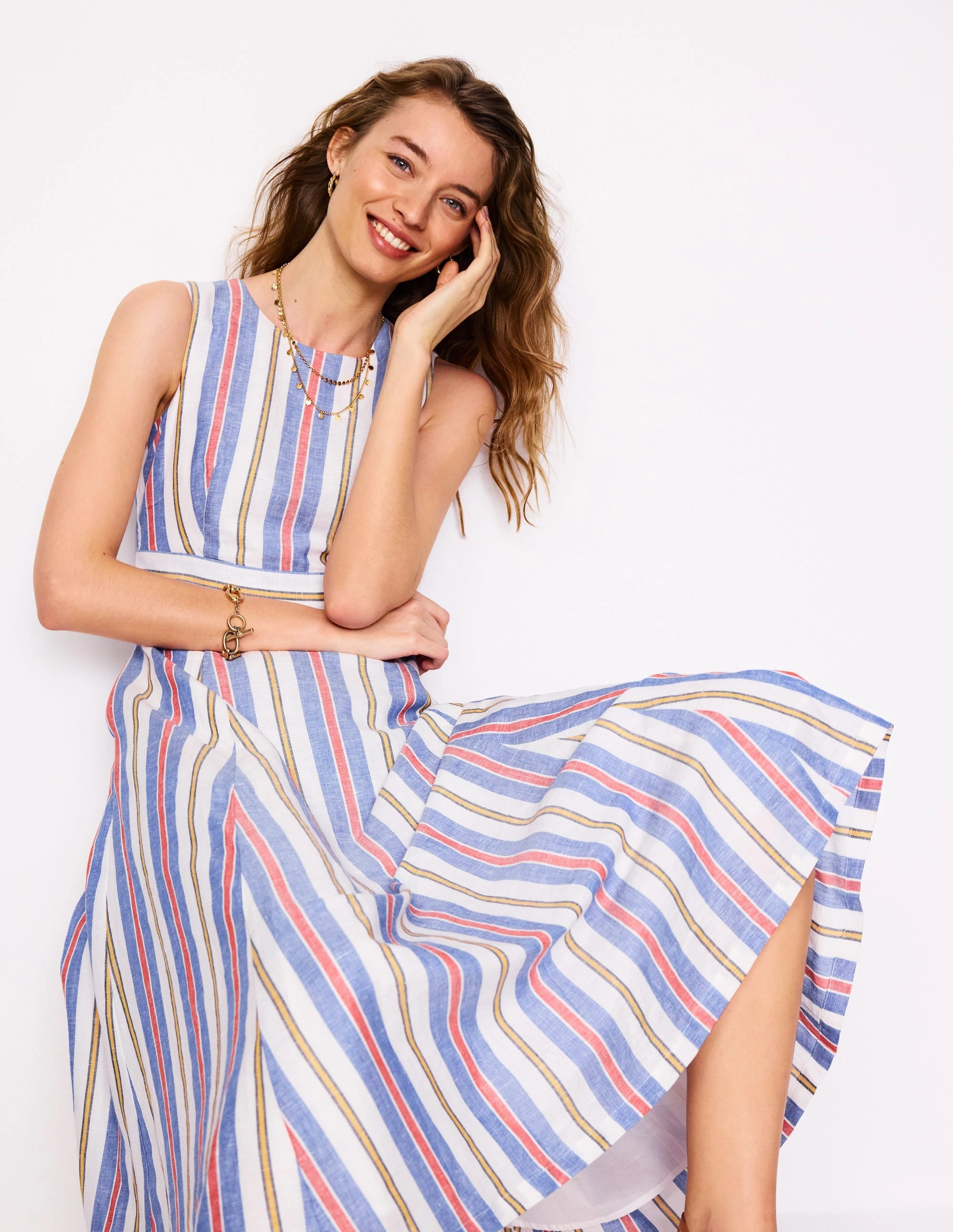 Tulle-Overlay Sleeveless Linen Blend Dress-Bright Blue and Brown Stripe