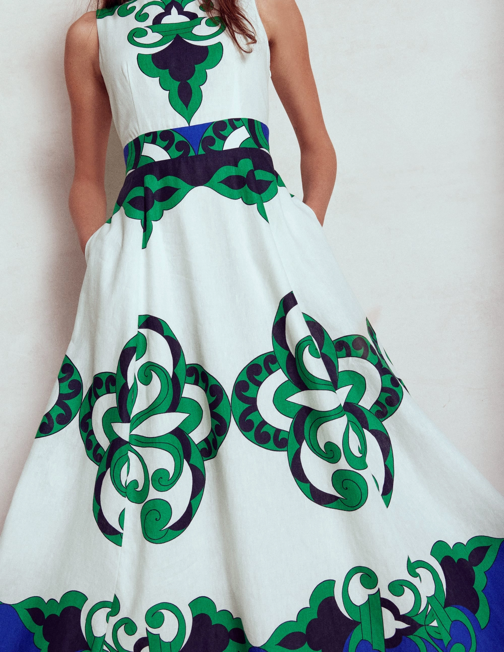 Sleeveless Linen Blend Dress-Ivory, Ornate Reflection Flattering Shape Design