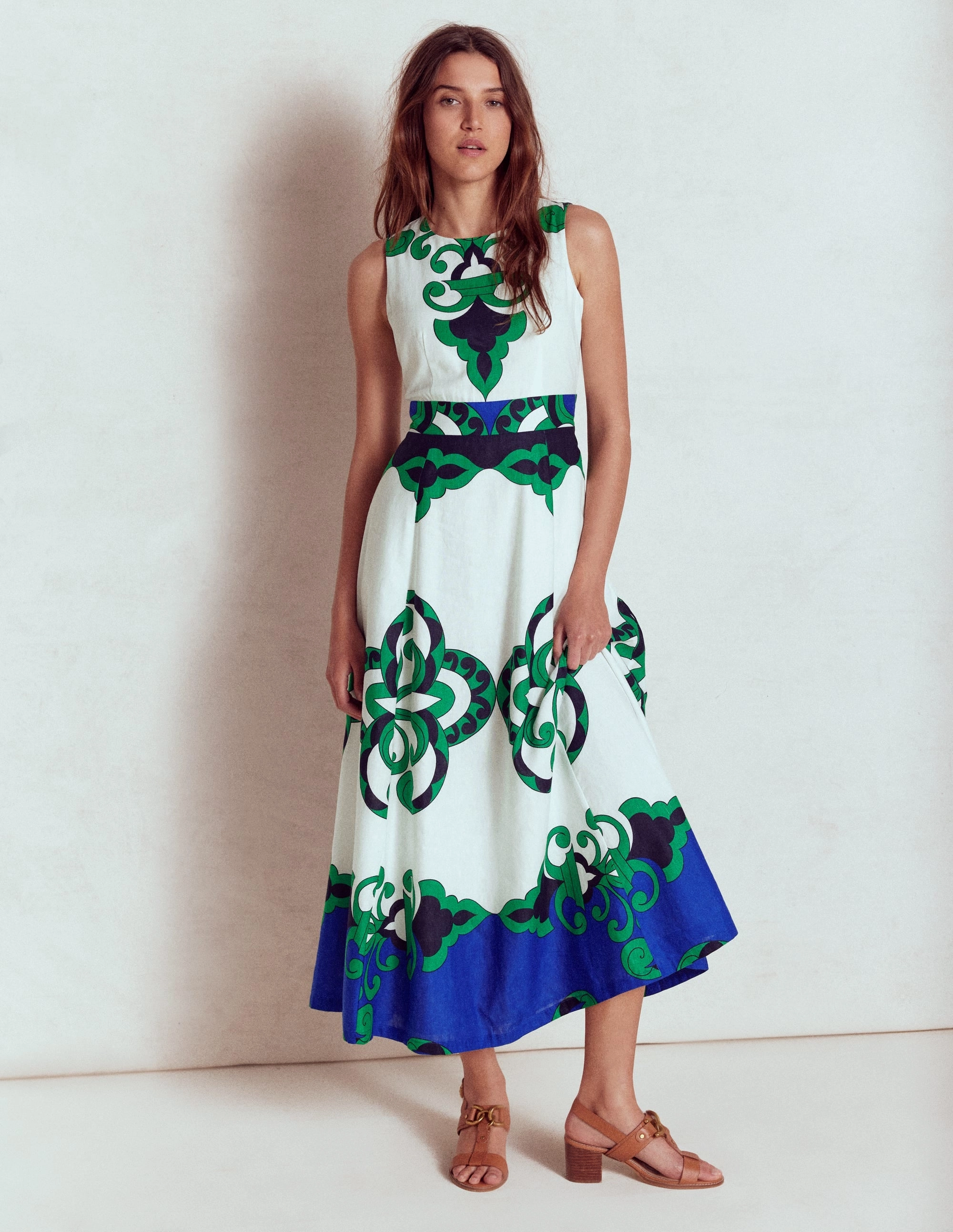 Trendy midi dress Sleeveless Linen Blend Dress-Ivory, Ornate Reflection