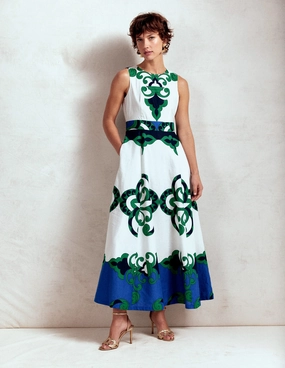 Sleeveless Linen Blend Dress-Ivory, Ornate Reflection Relaxed fit wear Young Edge