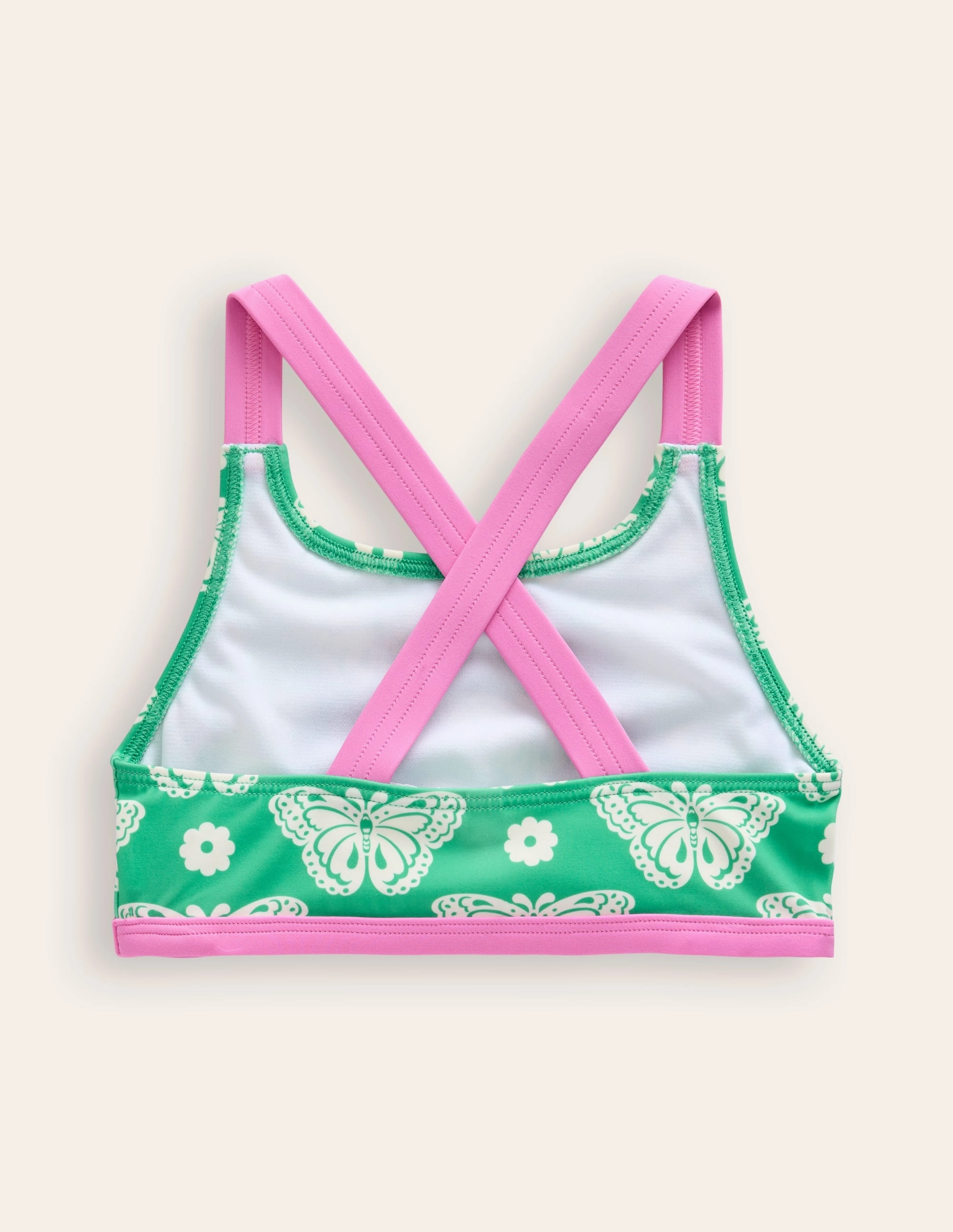 Cross Back Bikini Top-Pea Green Butterfly Stamp Glide Free Shoulder Padding Quick Drying Lining