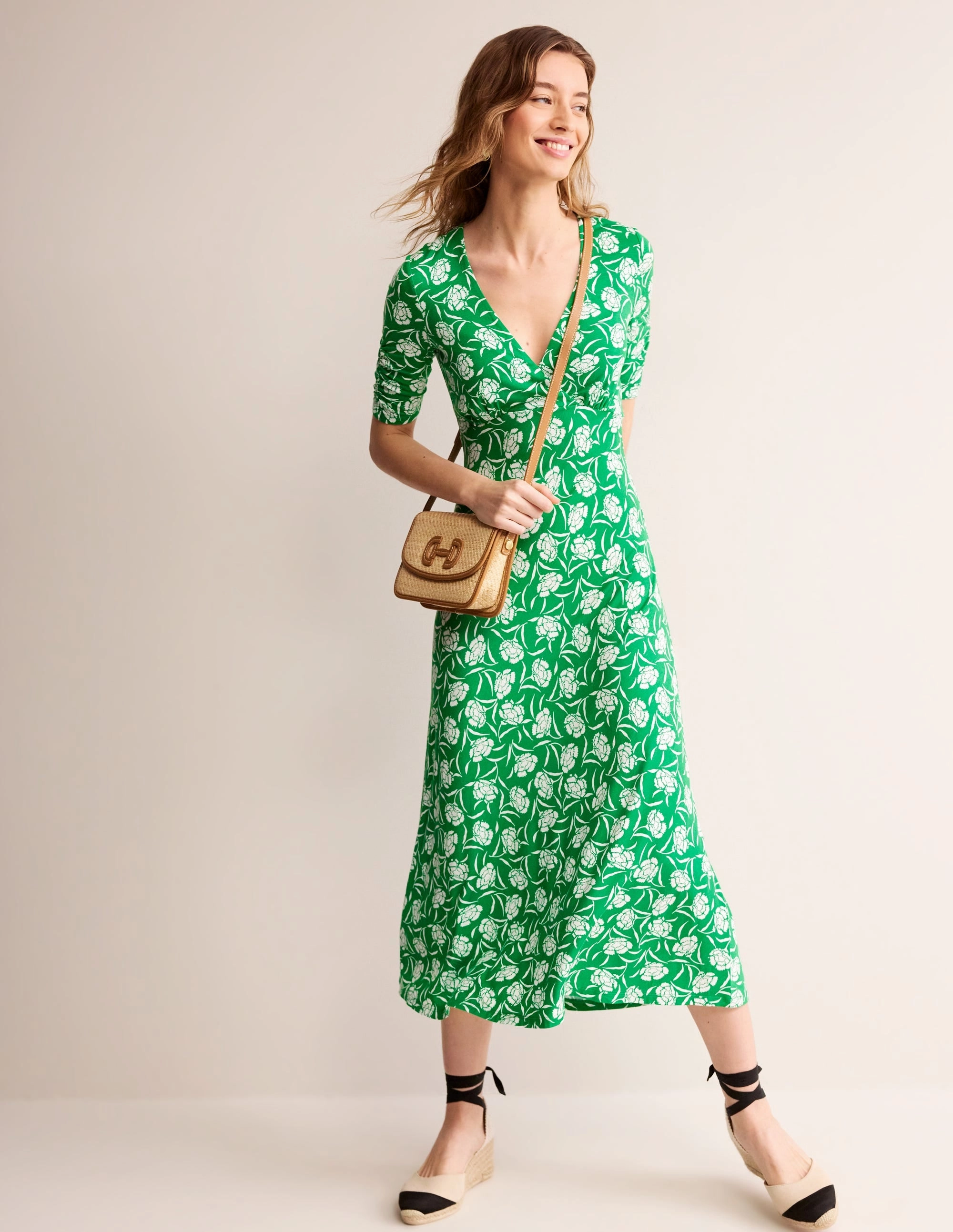 Rebecca Jersey Midi Tea Dress-Green Tambourine, Peony Sprig Weekend Fresh Light Touch
