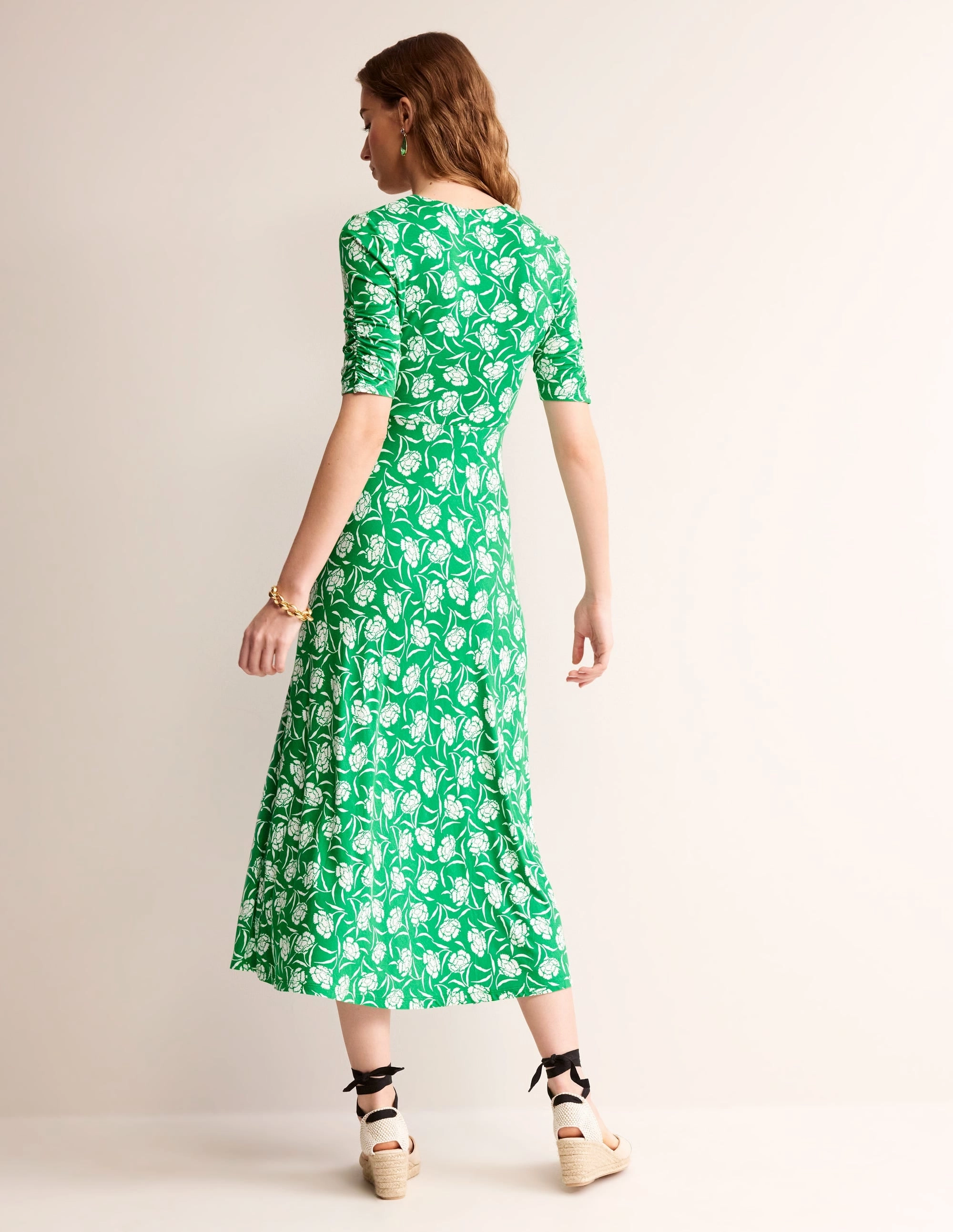 Smooth silhouette Artistic Flair Rebecca Jersey Midi Tea Dress-Green Tambourine, Peony Sprig