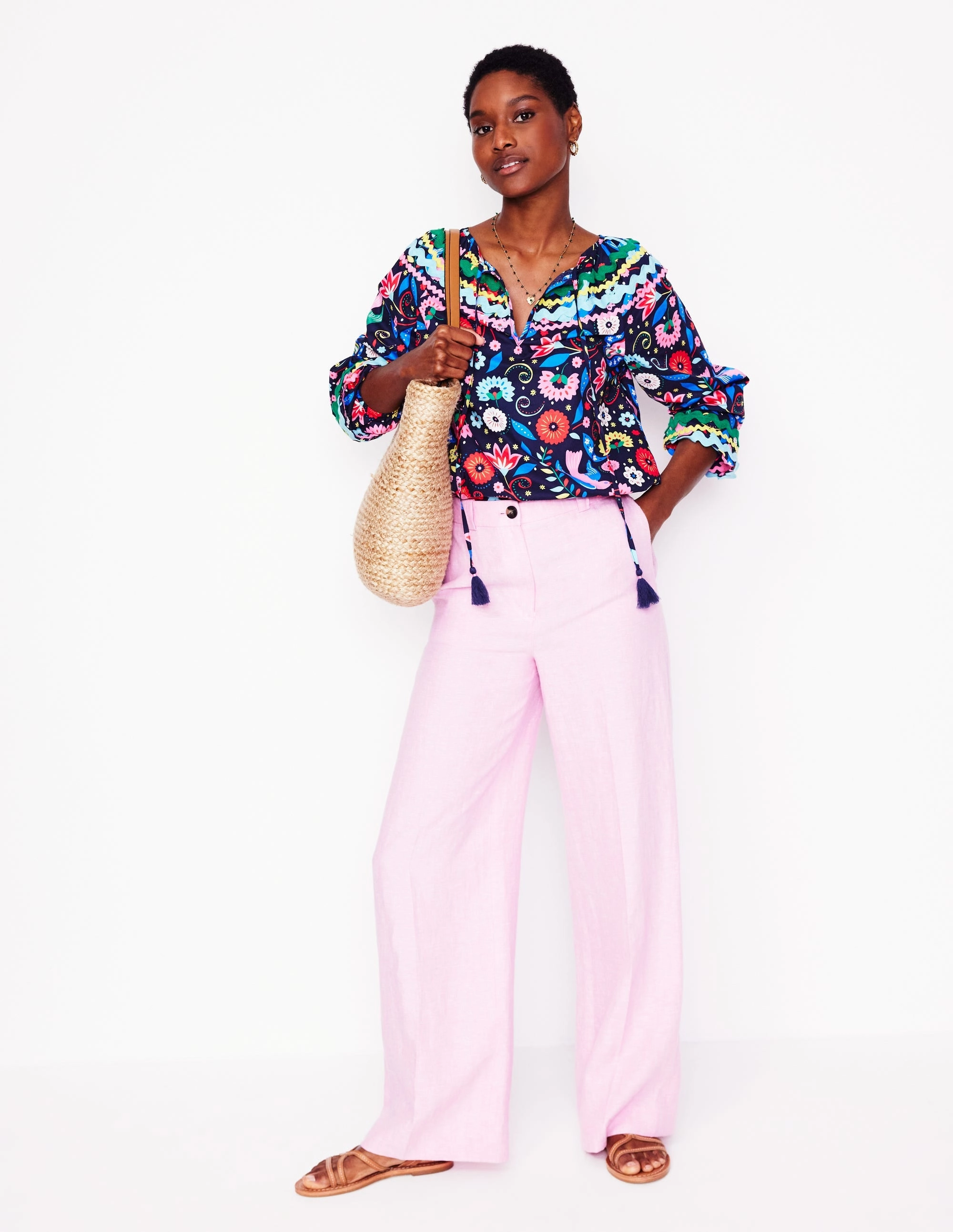 Smocked Cotton Blouse-French Navy, Decorative Garden Cozy Look Wear