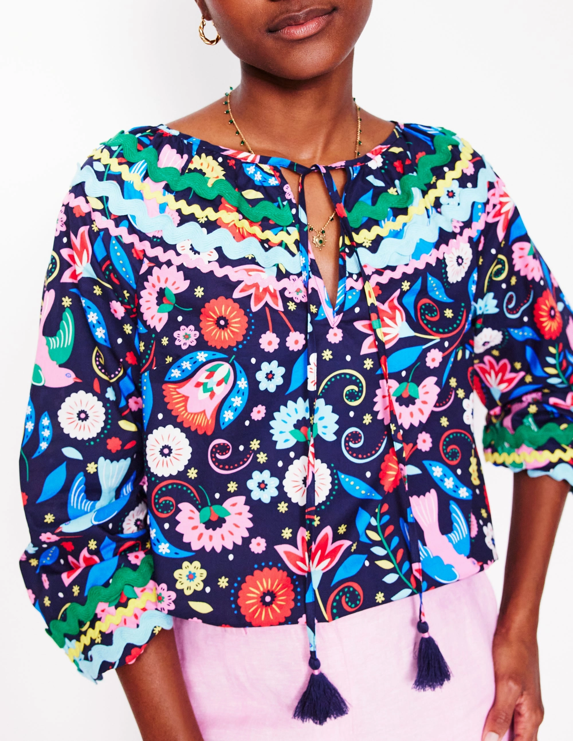 Durable Color Retention Smocked Cotton Blouse-French Navy, Decorative Garden