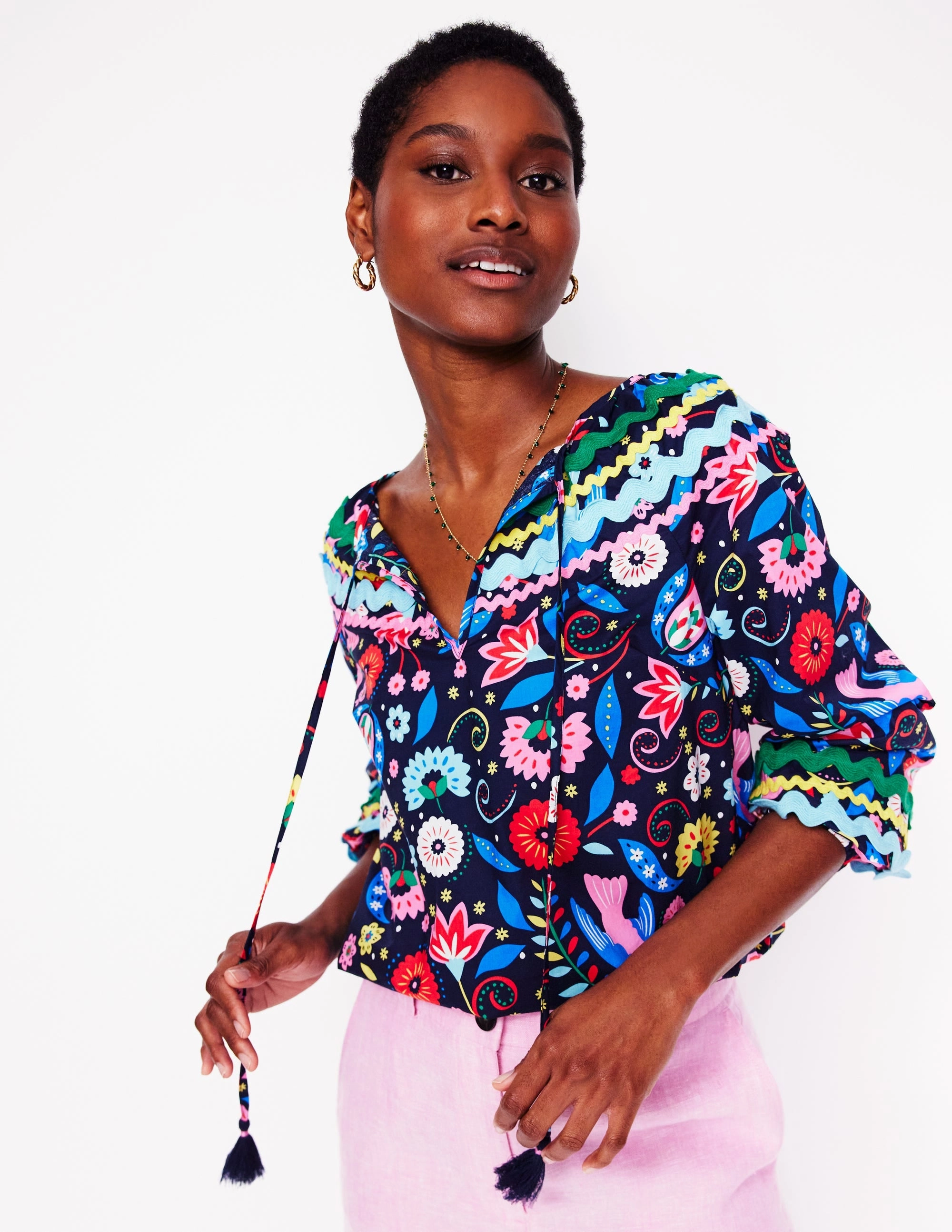 Smocked Cotton Blouse-French Navy, Decorative Garden Cozy Design