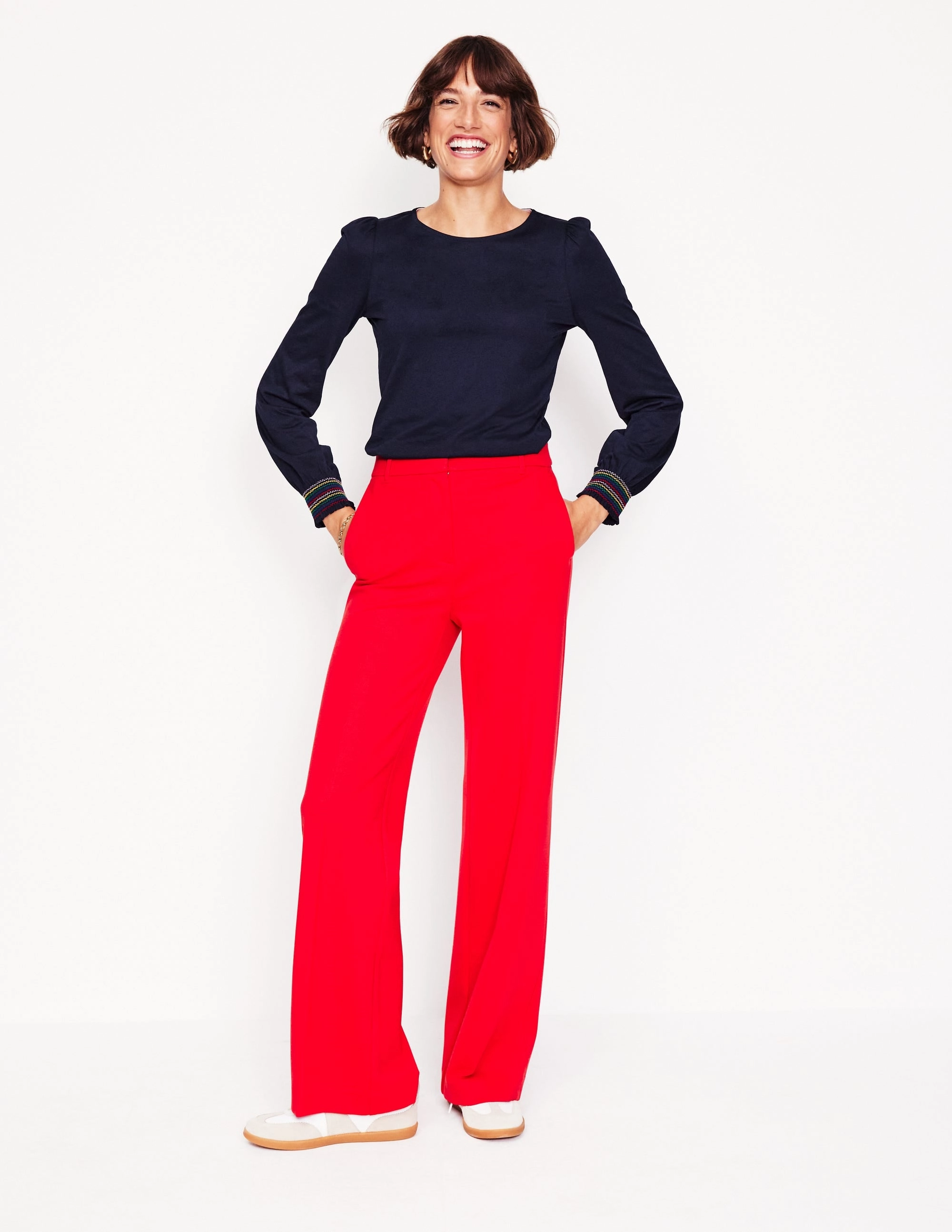 Smocked Cuff Supersoft Top-Navy Printed uniqueness