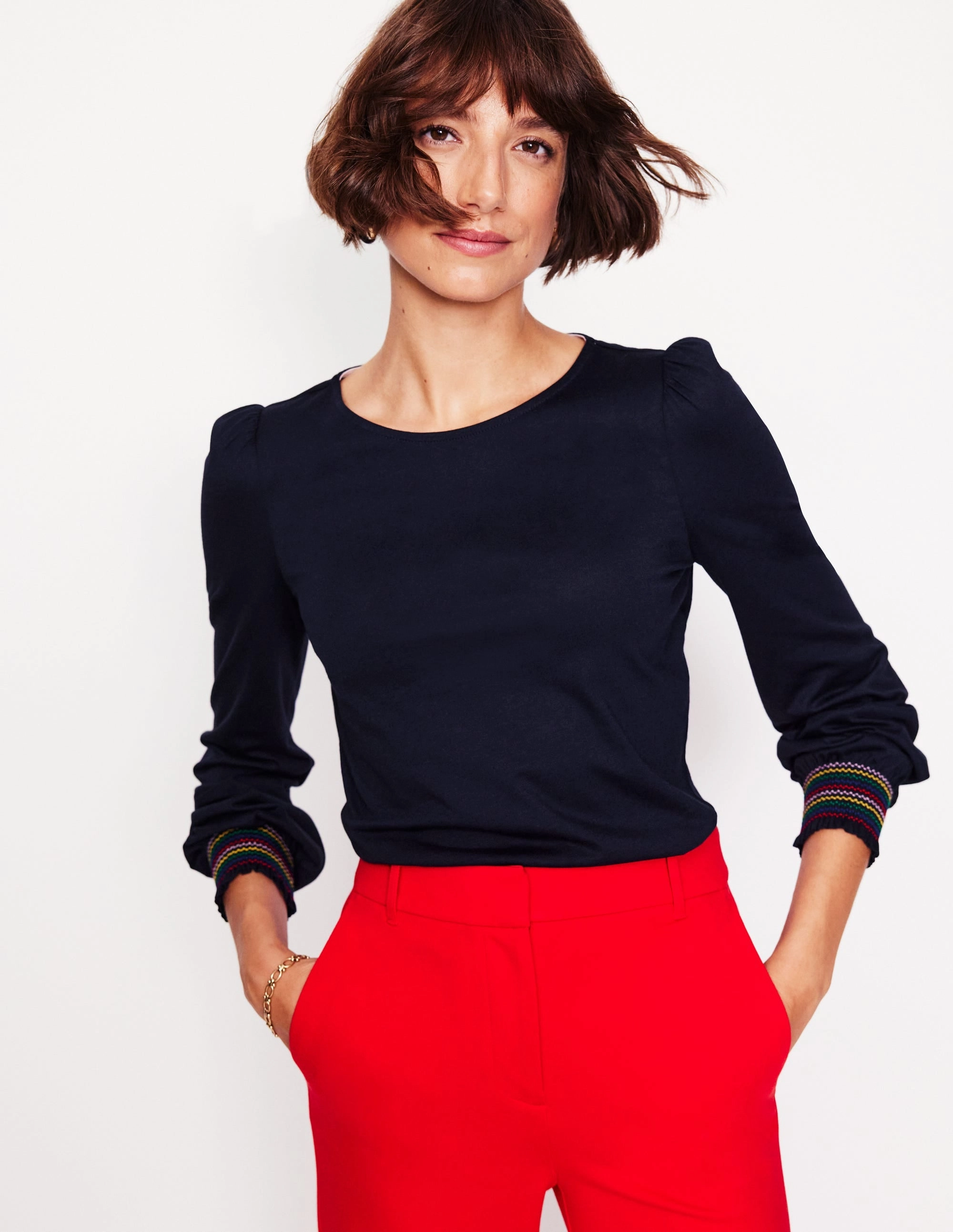 BreathableMeshLining Minimal Comfort Smocked Cuff Supersoft Top-Navy