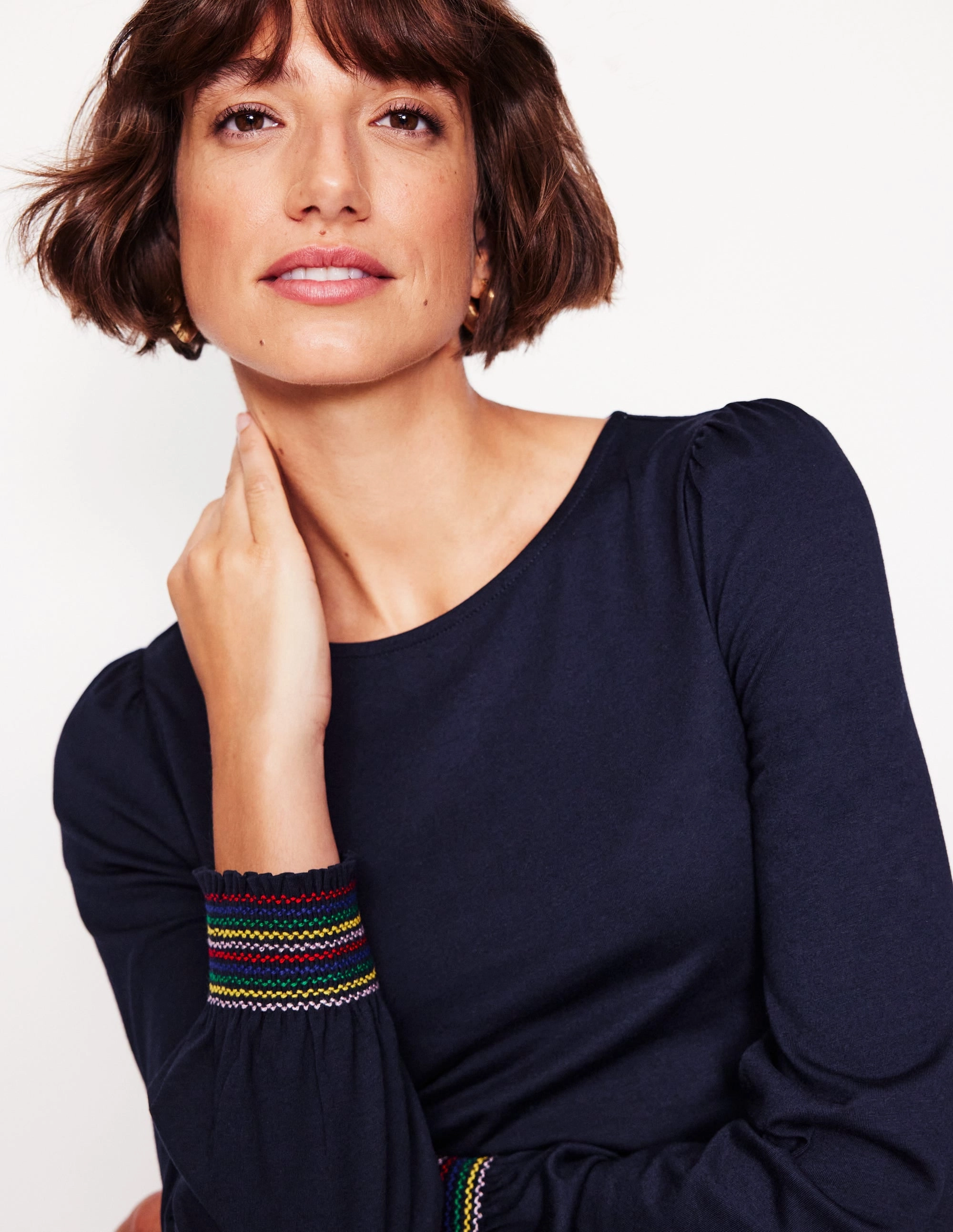 Comfy Apparel Cozy Stretch Fit Smocked Cuff Supersoft Top-Navy