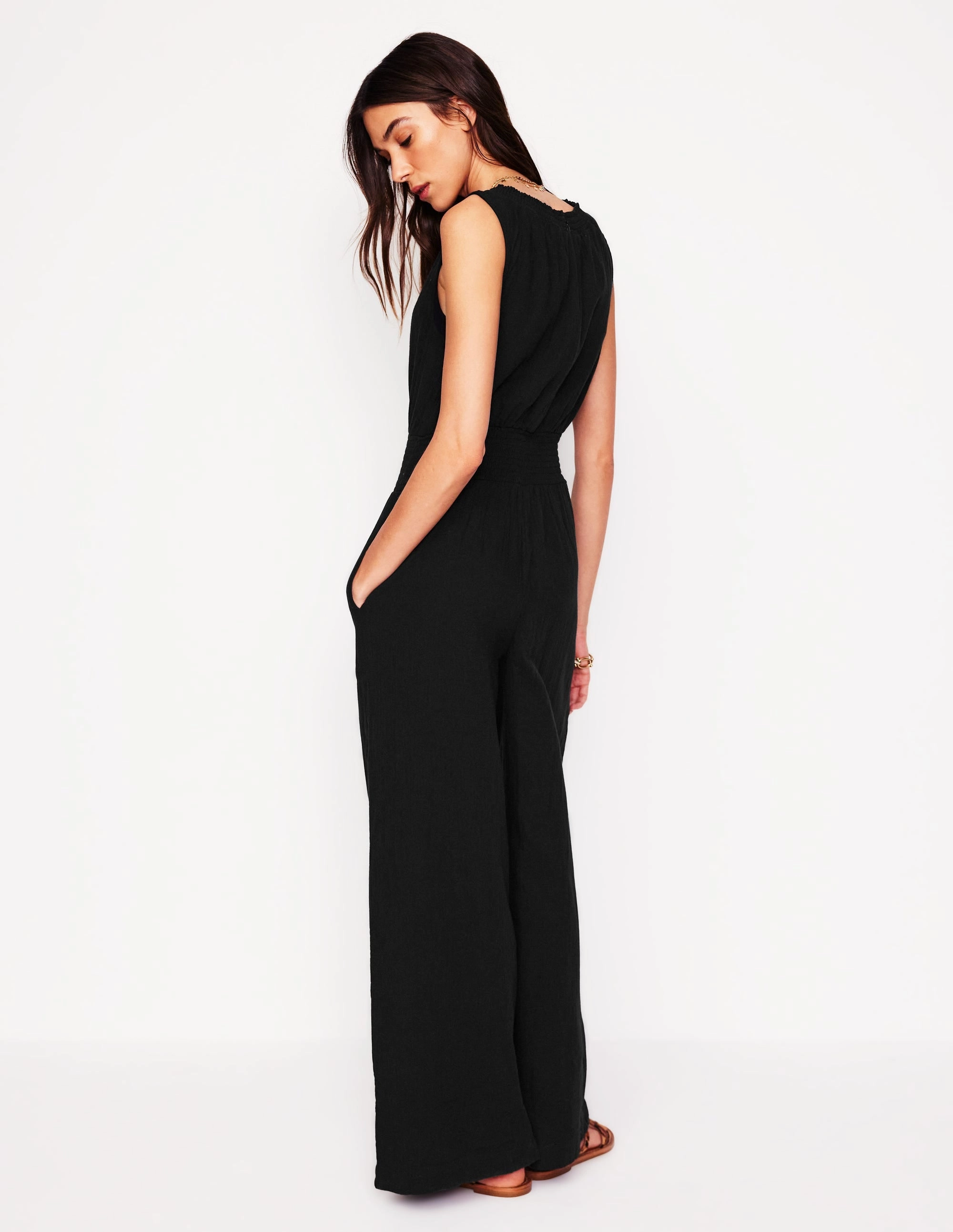 Beaded-Sleeve Smocked Double Cloth Jumpsuit-Black