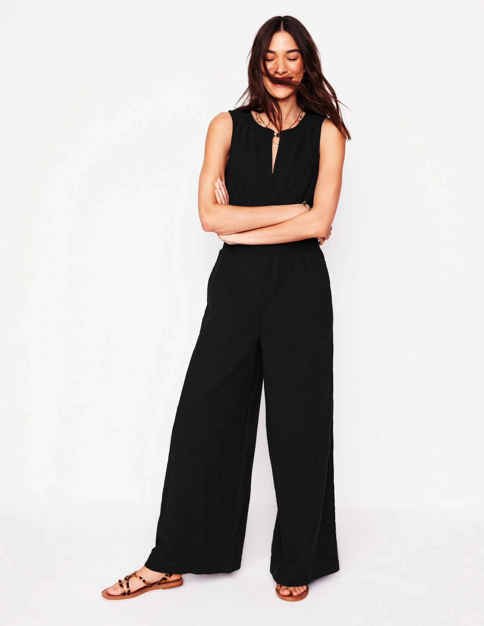 Office Classic Smocked Double Cloth Jumpsuit-Black