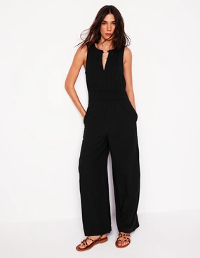 Nature Bloom Smocked Double Cloth Jumpsuit-Black