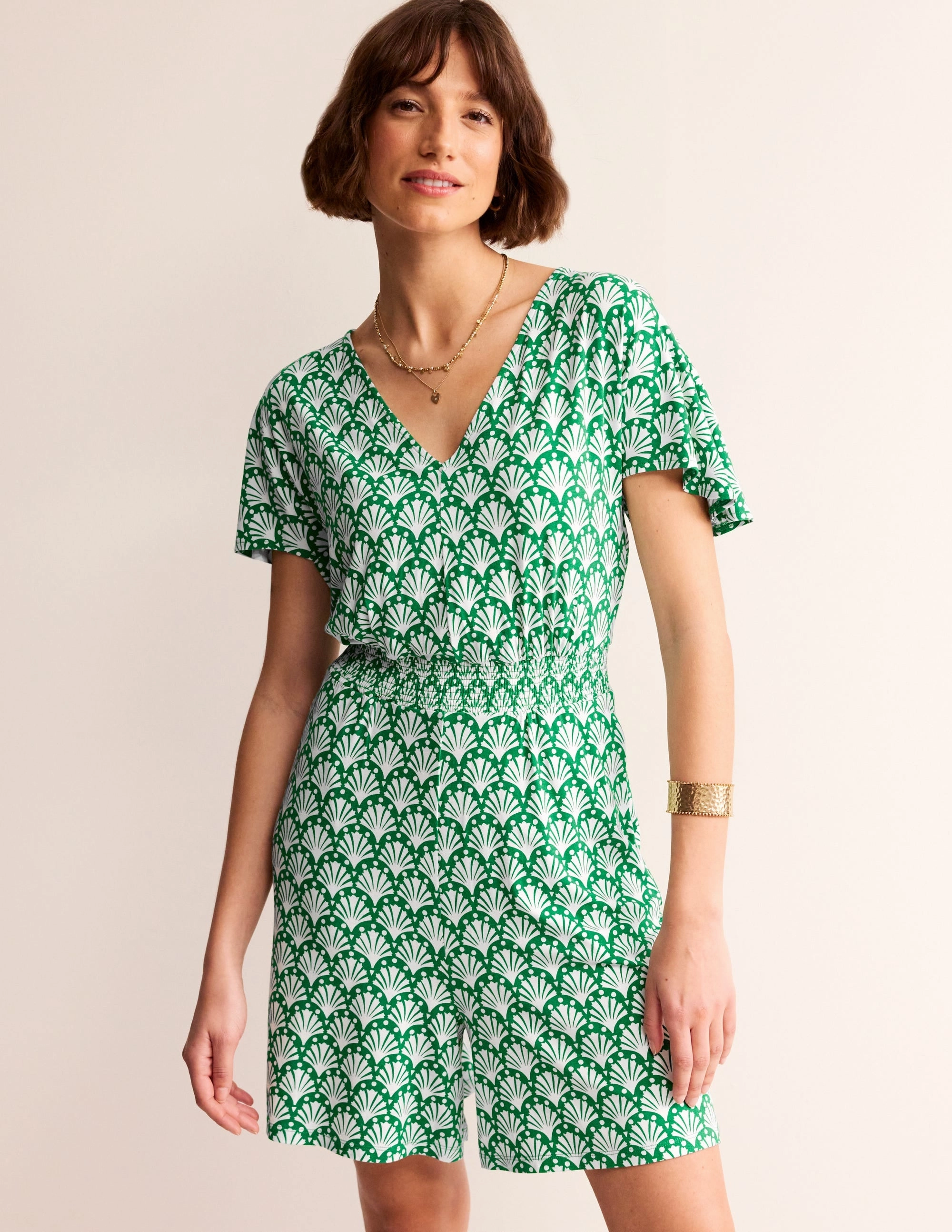 Smocked Jersey Playsuit-Green Tambourine, Shells Chilly Weather Comfort Elegant brunch outfit