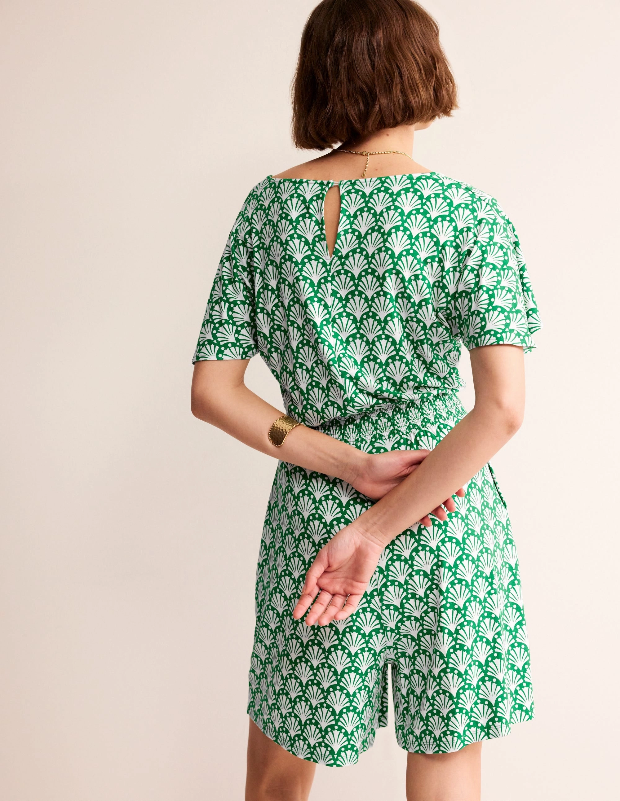 Smocked Jersey Playsuit-Green Tambourine, Shells Soft and Chic