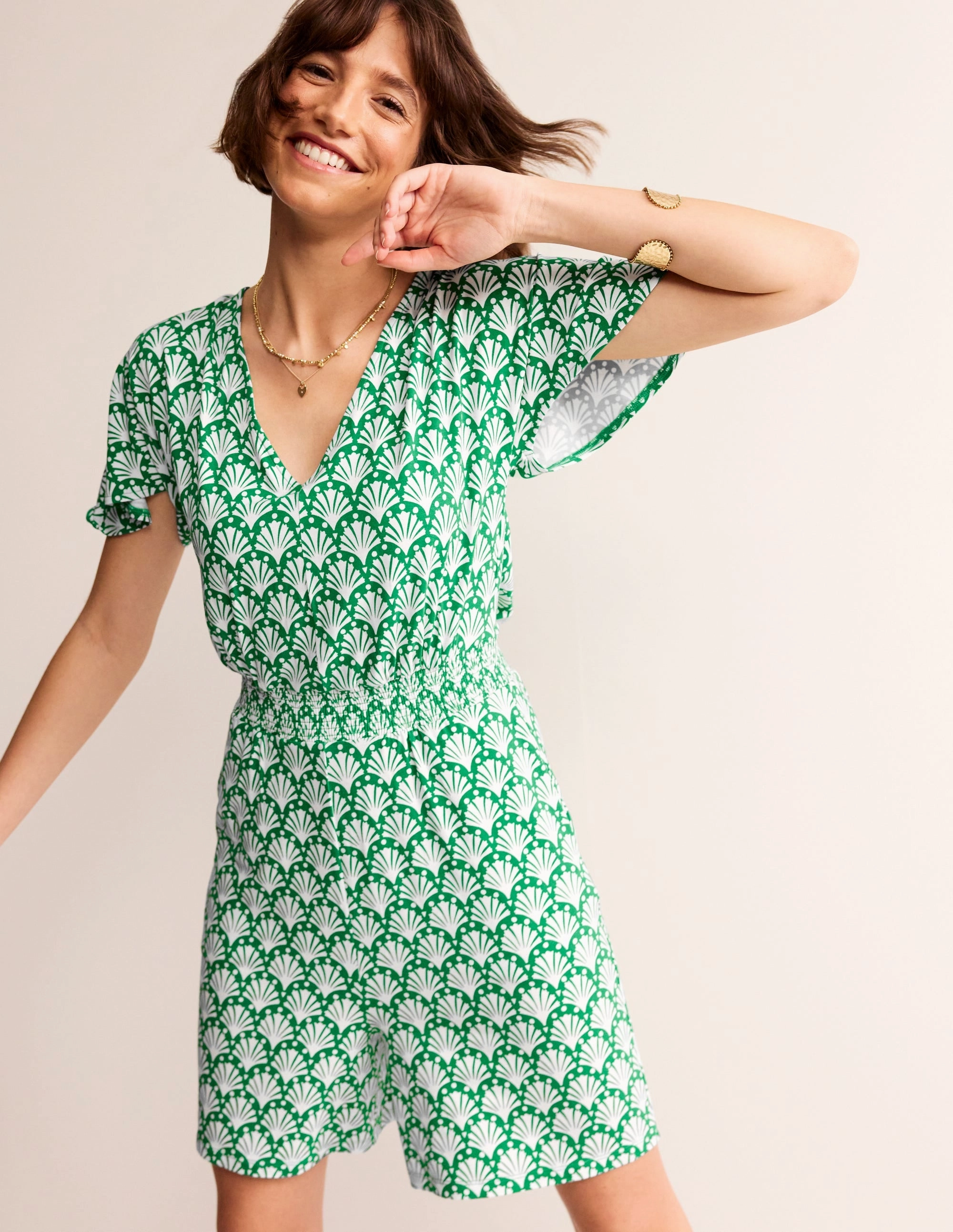 Timeless and Comfortable Effortless Vibe Smocked Jersey Playsuit-Green Tambourine, Shells