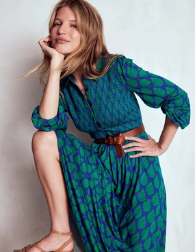 Baby-Shower Smocked Jersey Shirt Dress-Blue, Wildflower Bouquet