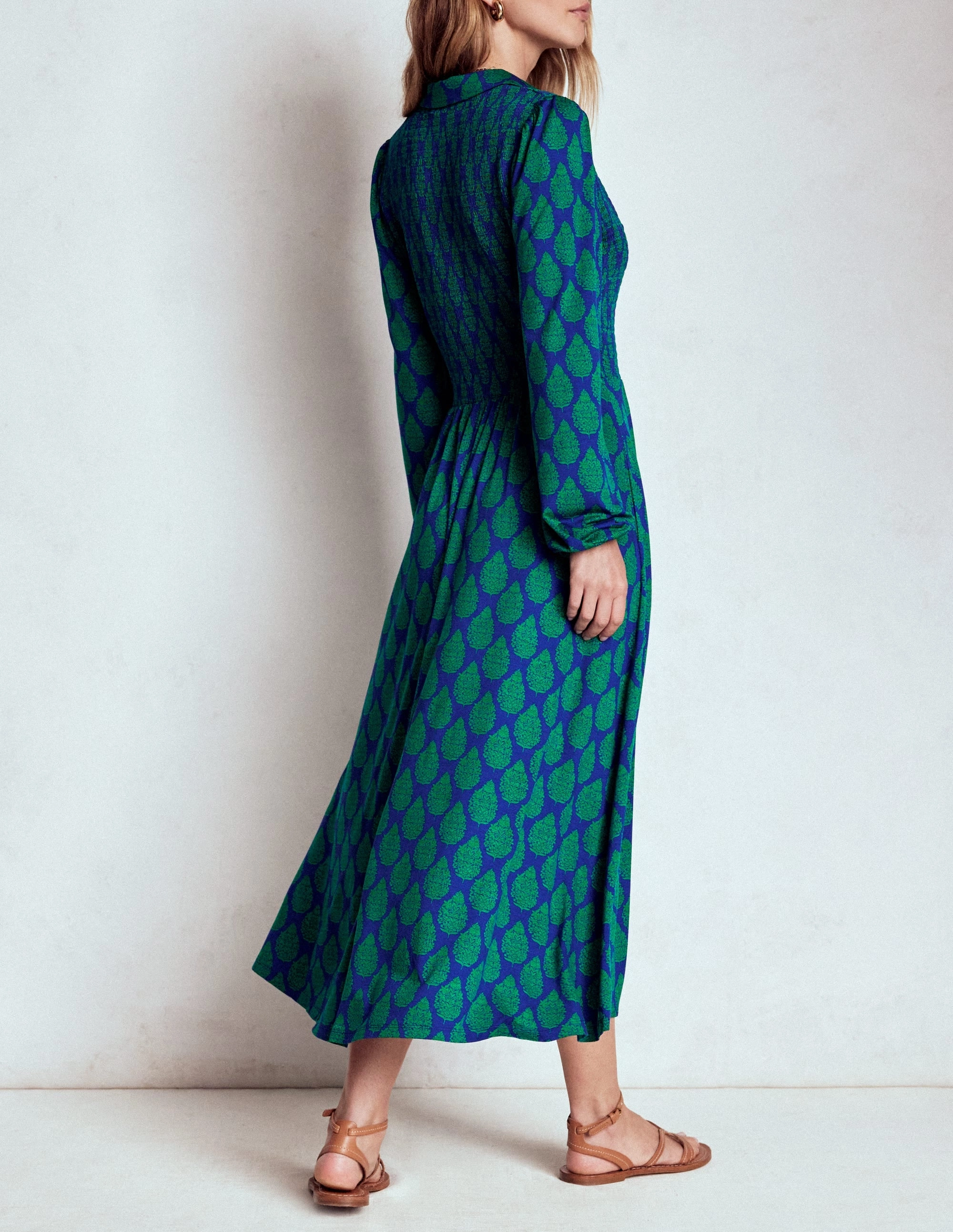 Smocked Jersey Shirt Dress-Blue, Wildflower Bouquet Timeless Appeal Natural Texture