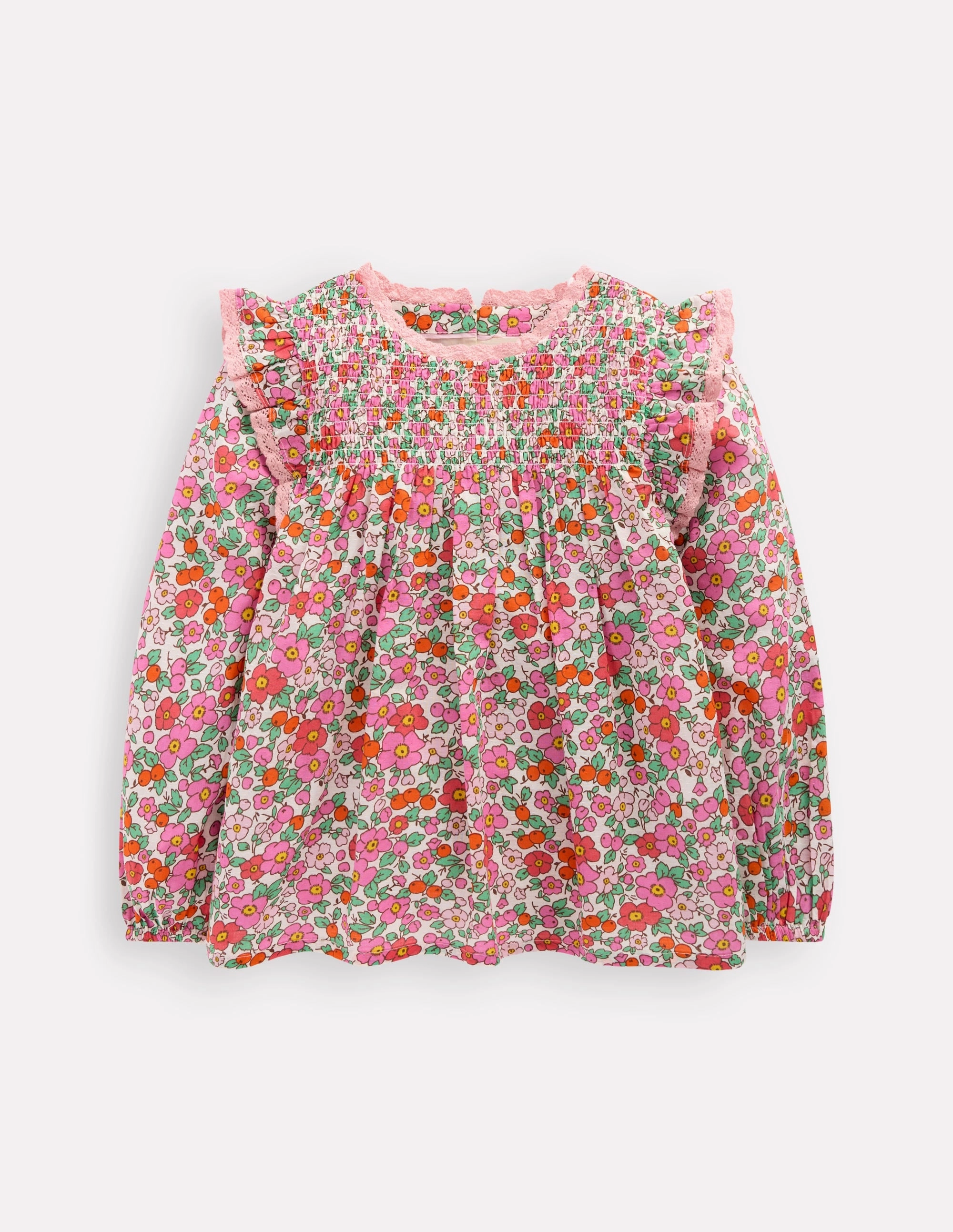 Zip Up Smocked Ruffle Blouse-Pink Apple Blossom Floral
