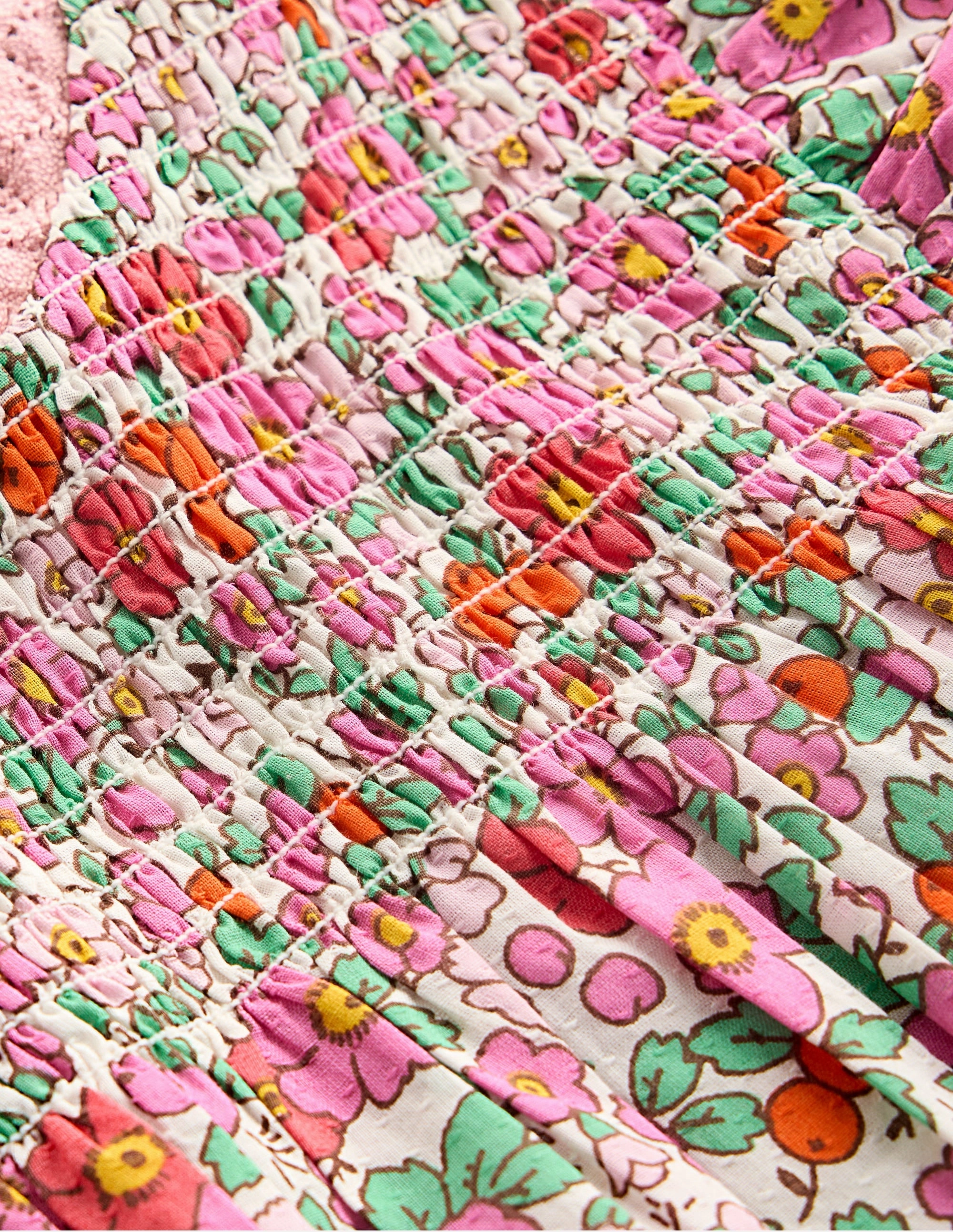 Fun and Comfortable Smocked Ruffle Blouse-Pink Apple Blossom Floral