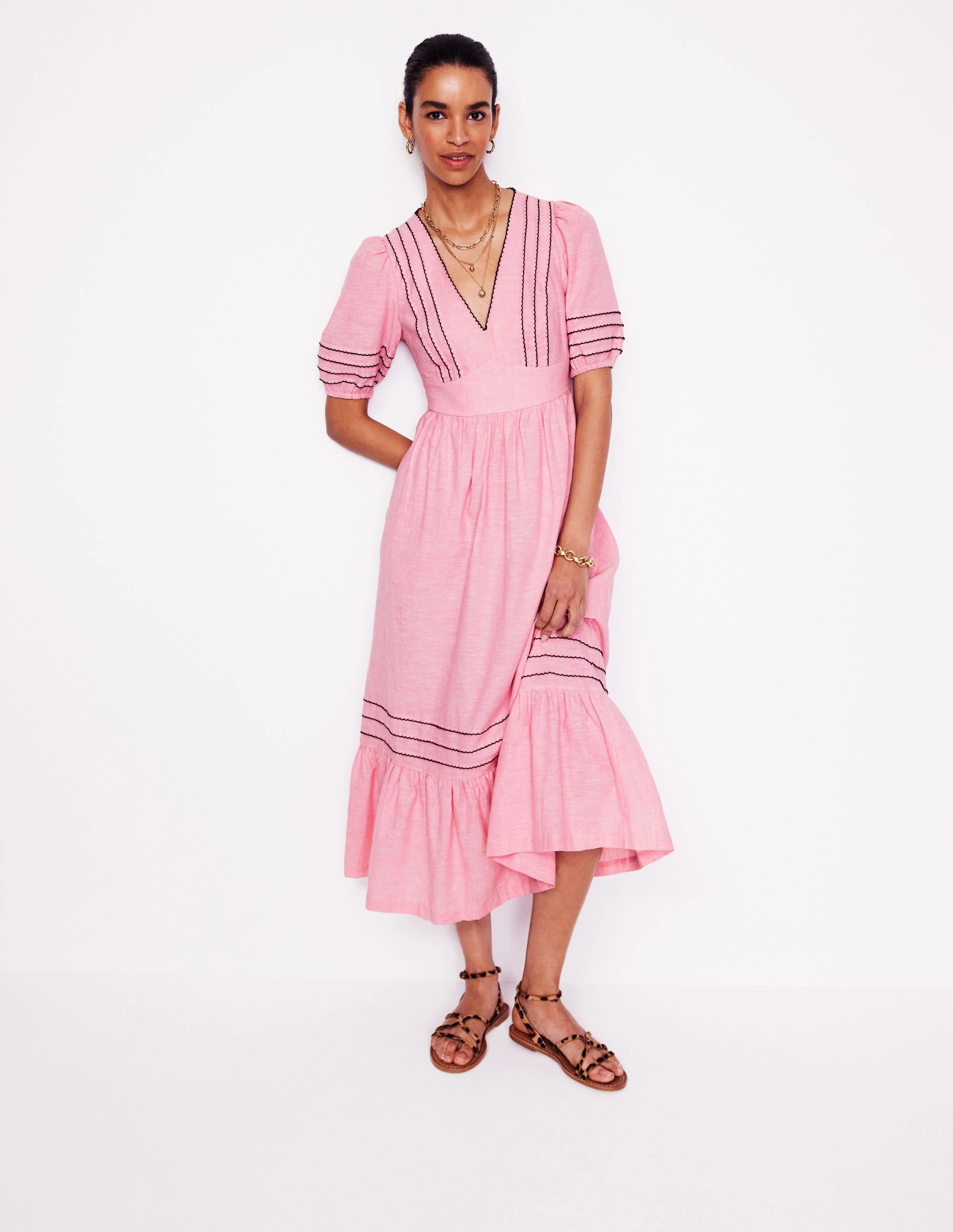 Gender Fluid Smocked Waist Linen Dress-Meadowsweet Pink