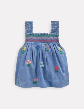 Smocked Woven Top-Chambray Cross Stitch Flowers Comfy Style