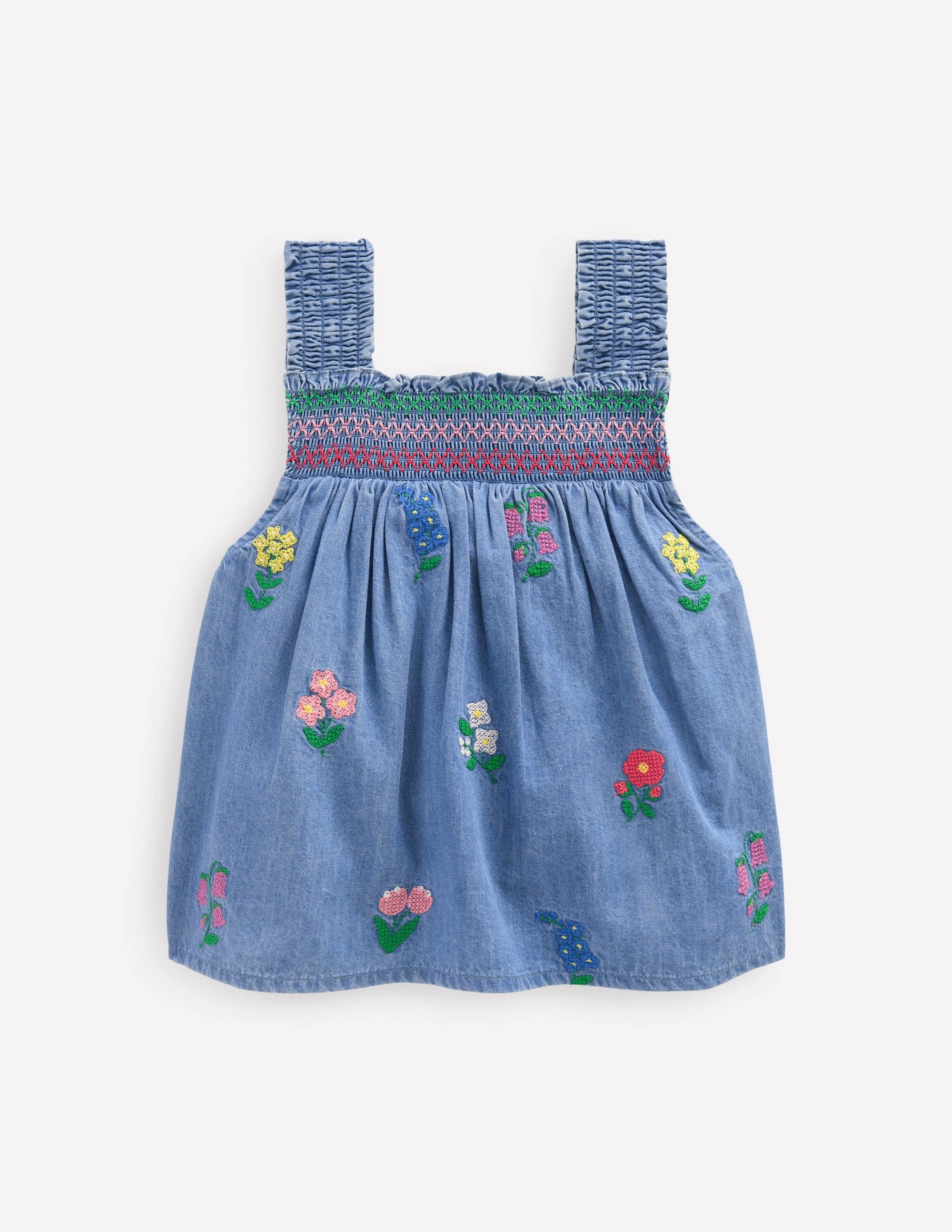 Smocked Woven Top-Chambray Cross Stitch Flowers Comfy Style