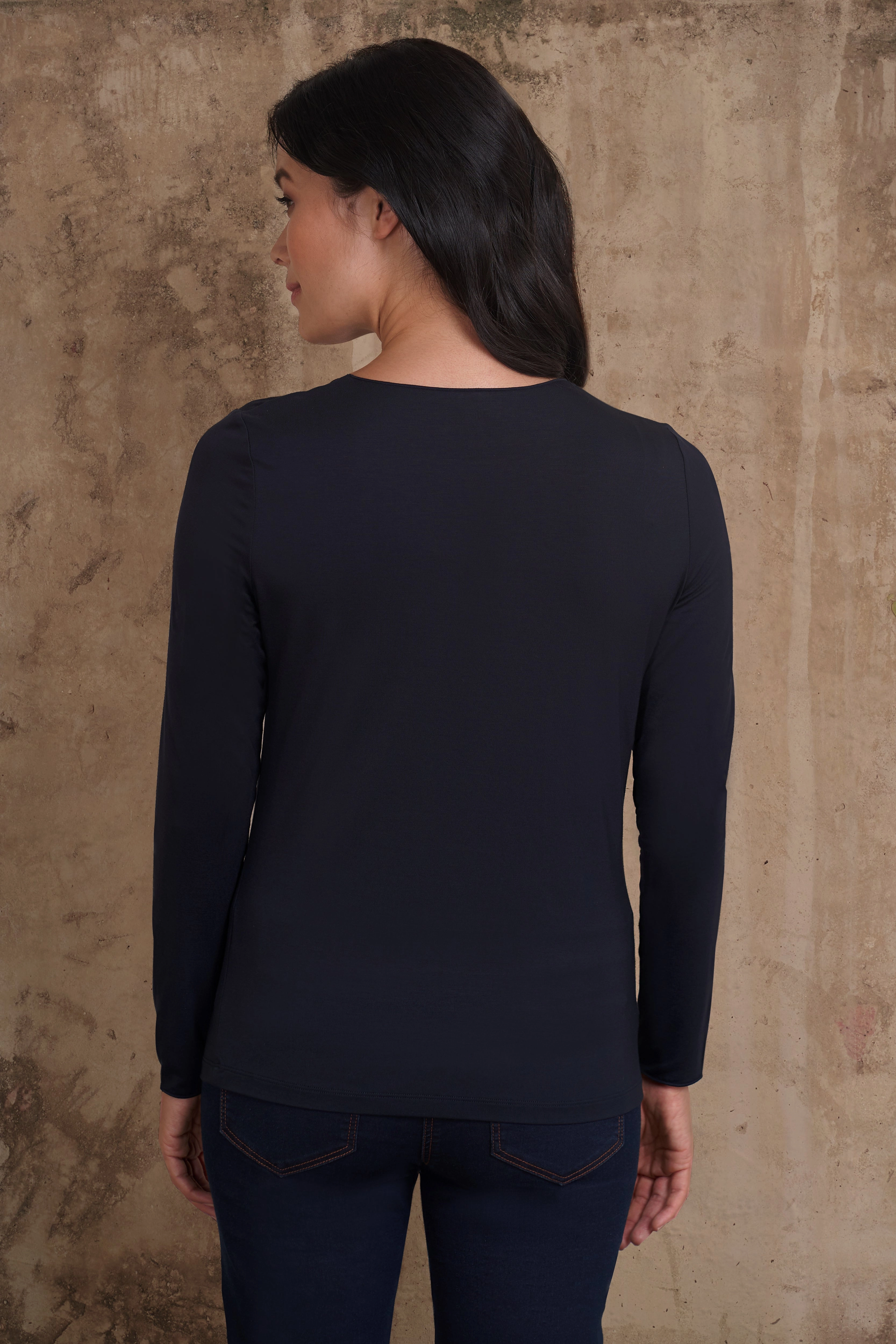 High Stretch Fabric Long Sleeve Crew Neck Top - Ink