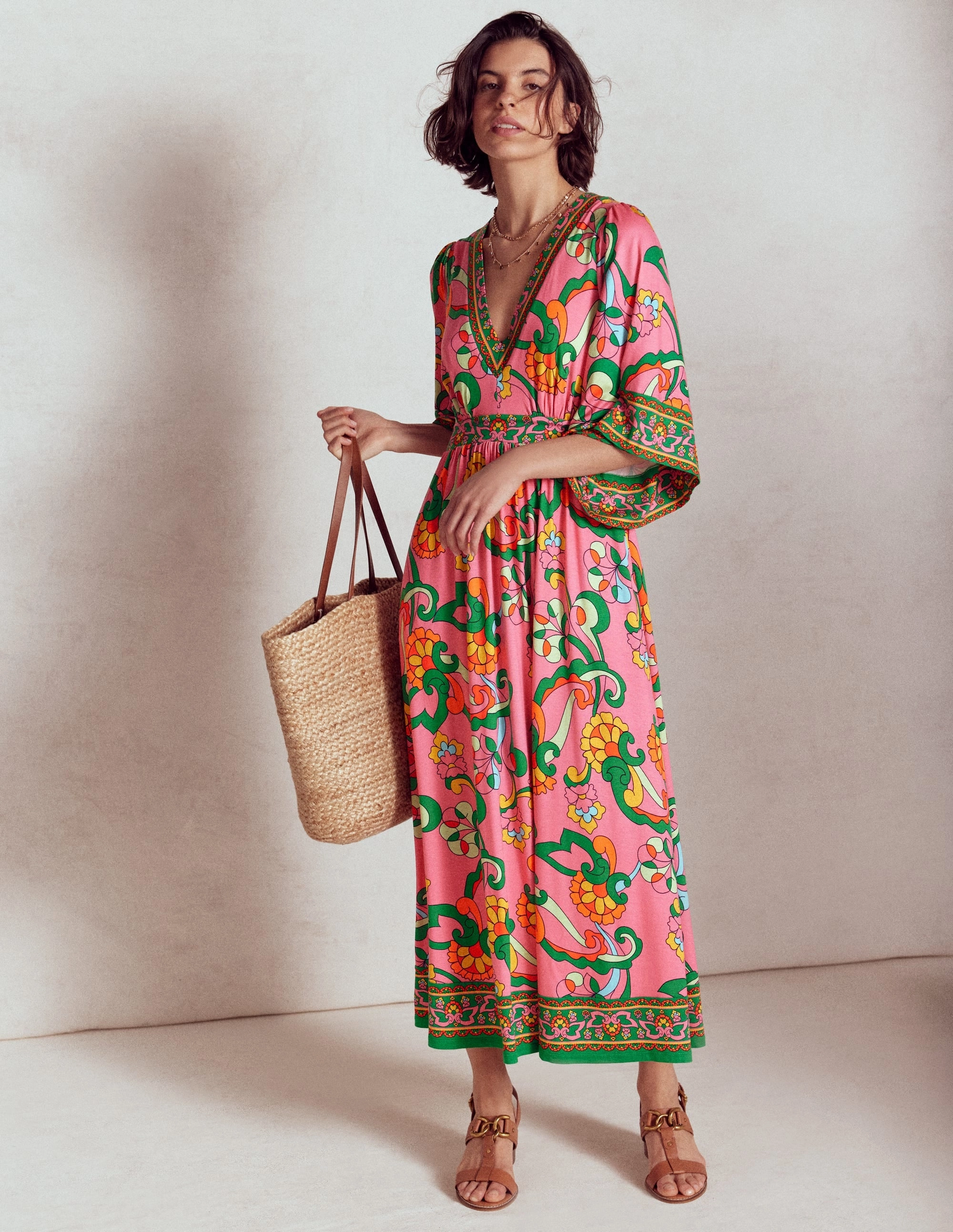 Playful touch Relaxed Style Wear Maya Kimono Jersey Maxi Dress-Pink Rose, Foliage Trail