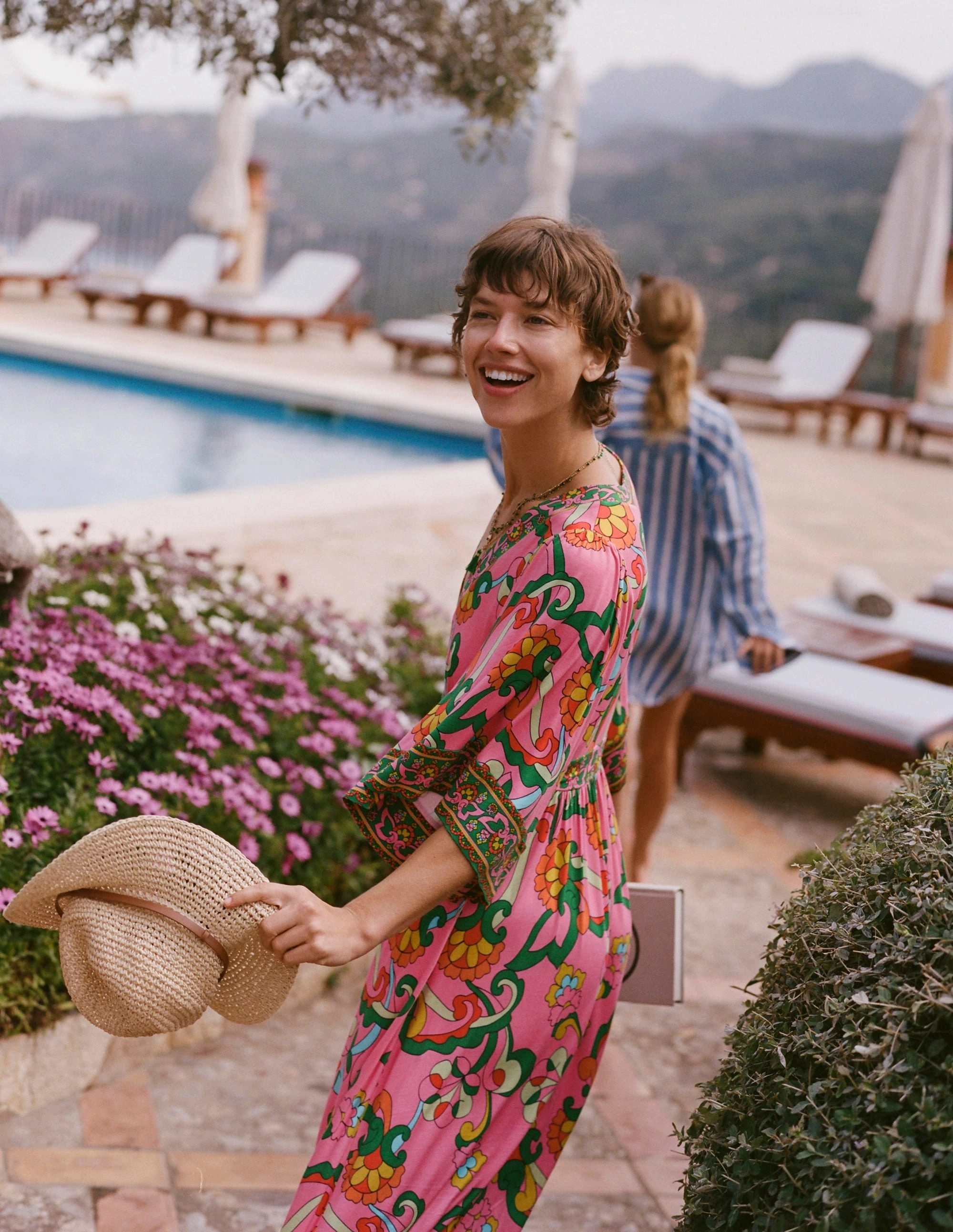 Maya Kimono Jersey Maxi Dress-Pink Rose, Foliage Trail Scandi Clean