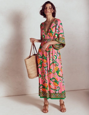 Playful touch Relaxed Style Wear Maya Kimono Jersey Maxi Dress-Pink Rose, Foliage Trail