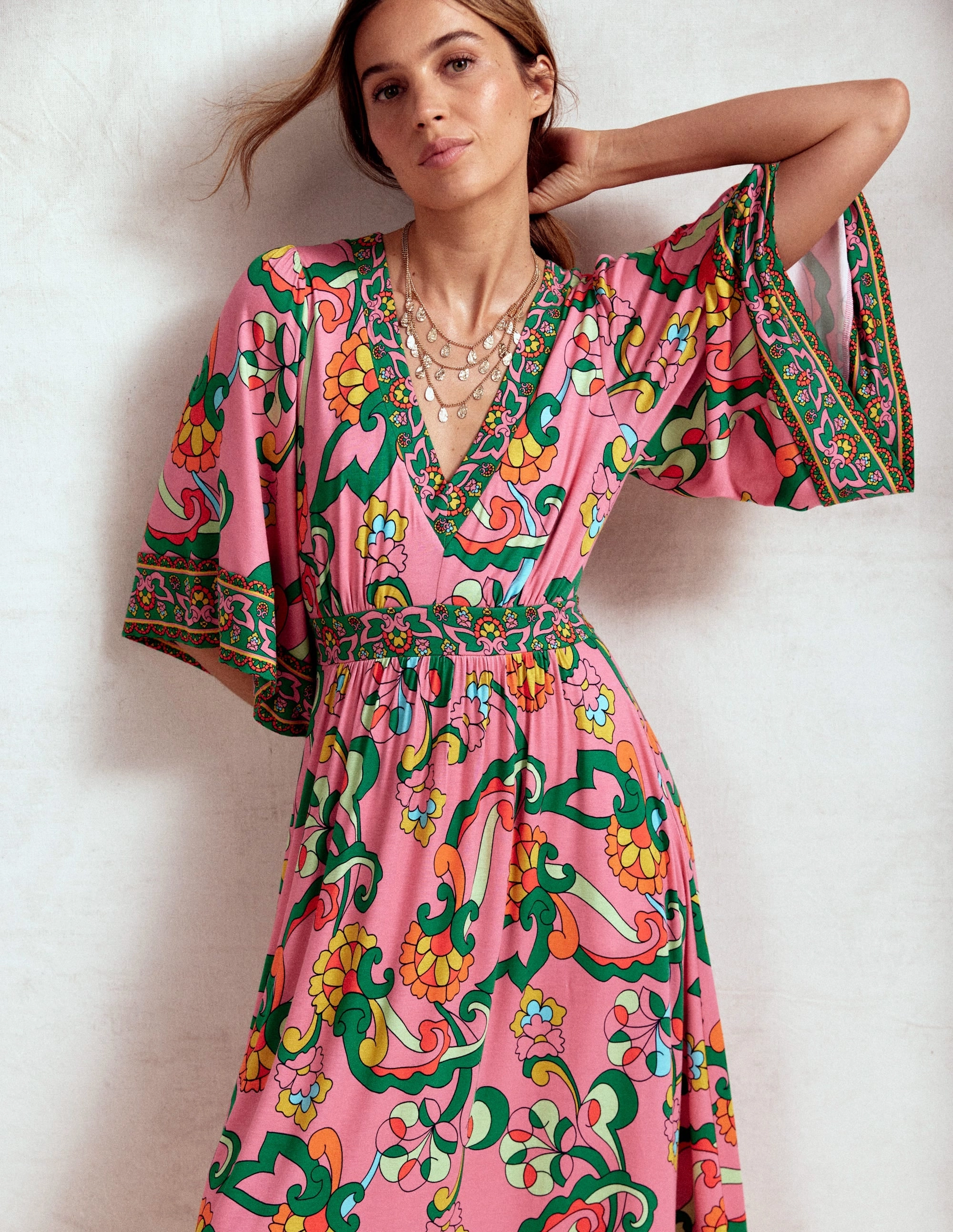 Maya Kimono Jersey Maxi Dress-Pink Rose, Foliage Trail Power Soft AntiPillTreatment