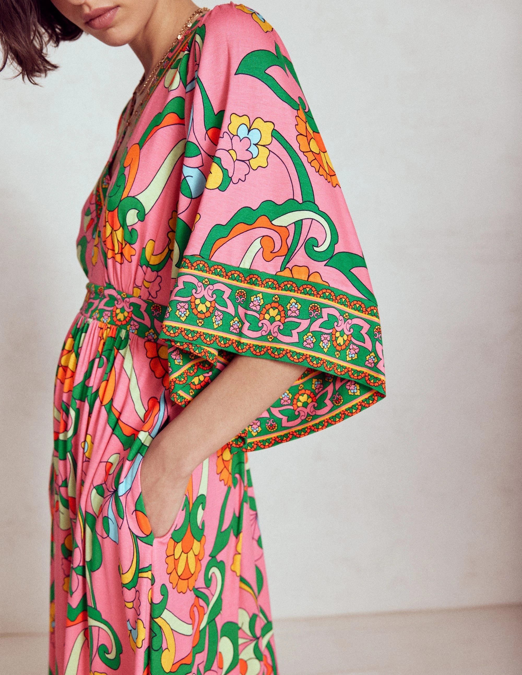 Maya Kimono Jersey Maxi Dress-Pink Rose, Foliage Trail Daytime Mood Effortless weekend dress