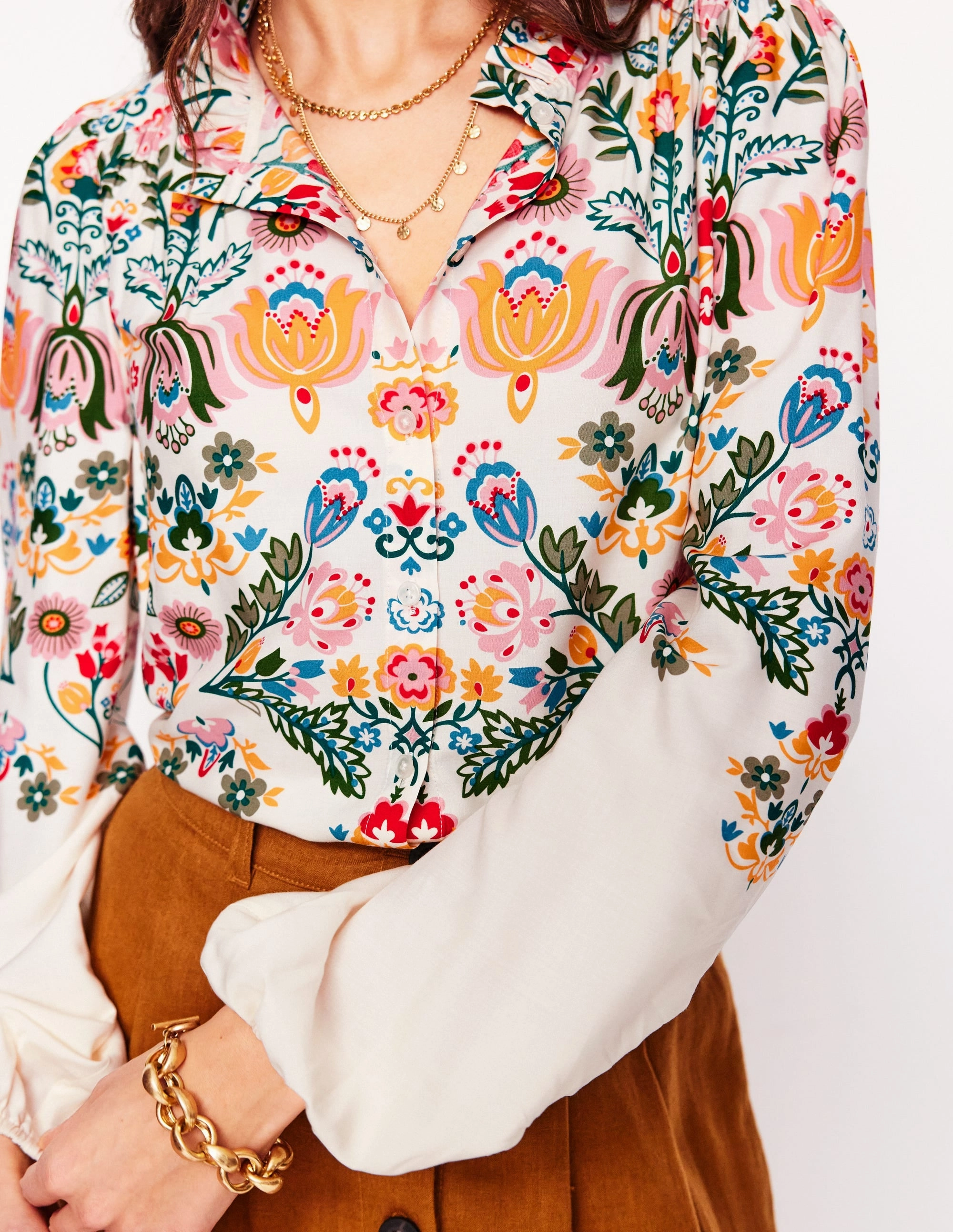 Ruffle Collar Blouse-Ivory, Tulip Fusion Comfy Layering OdorResistant Fabric