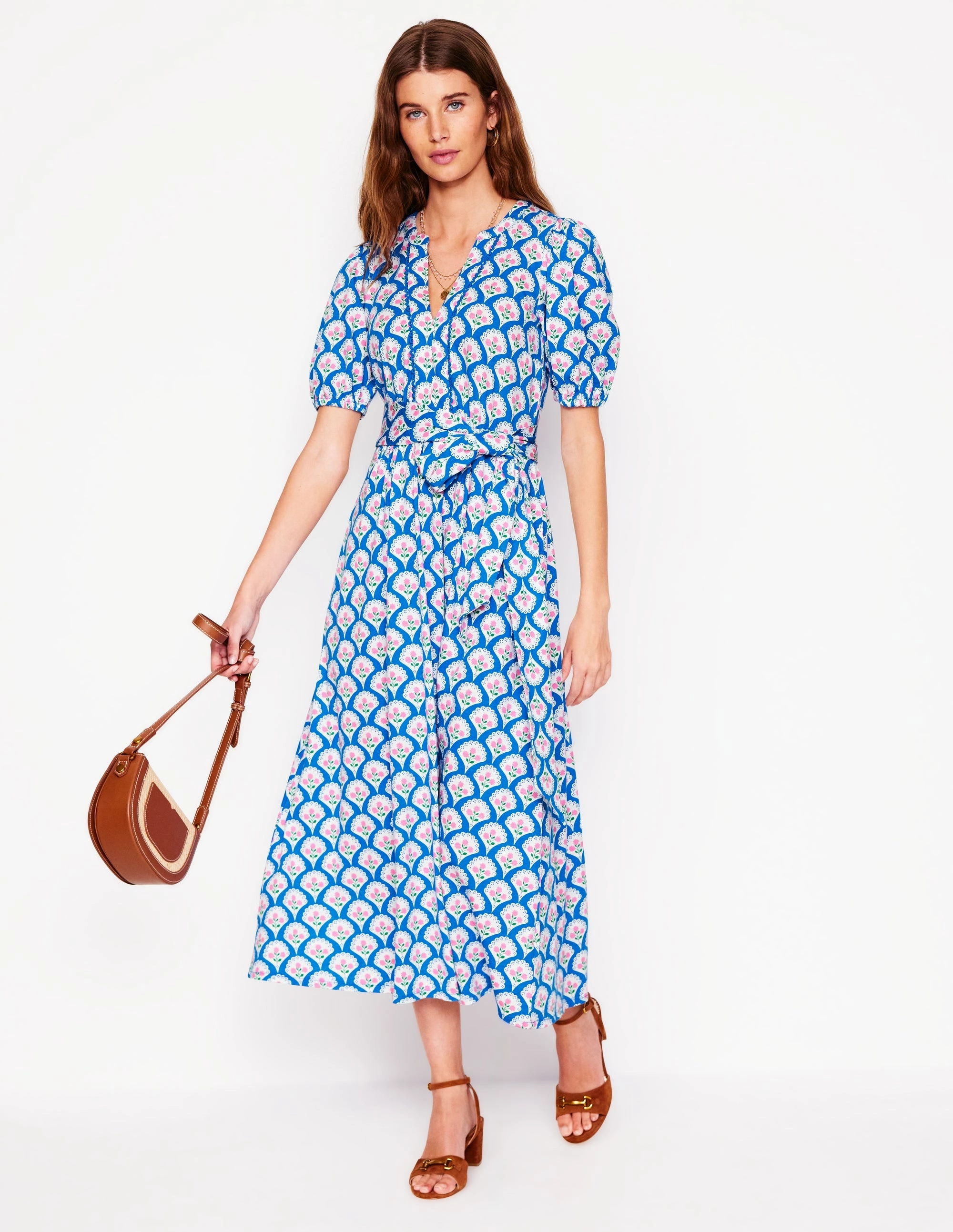 Soft Feel Sofia Trim Jersey Midi Dress-Bright Blue, Blossom Terrace