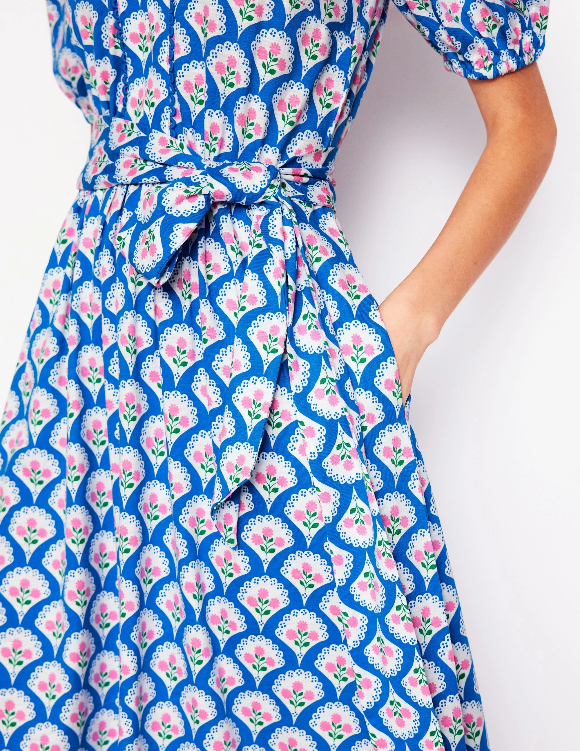 Trendy wrap gown Plus Fit Sofia Trim Jersey Midi Dress-Bright Blue, Blossom Terrace