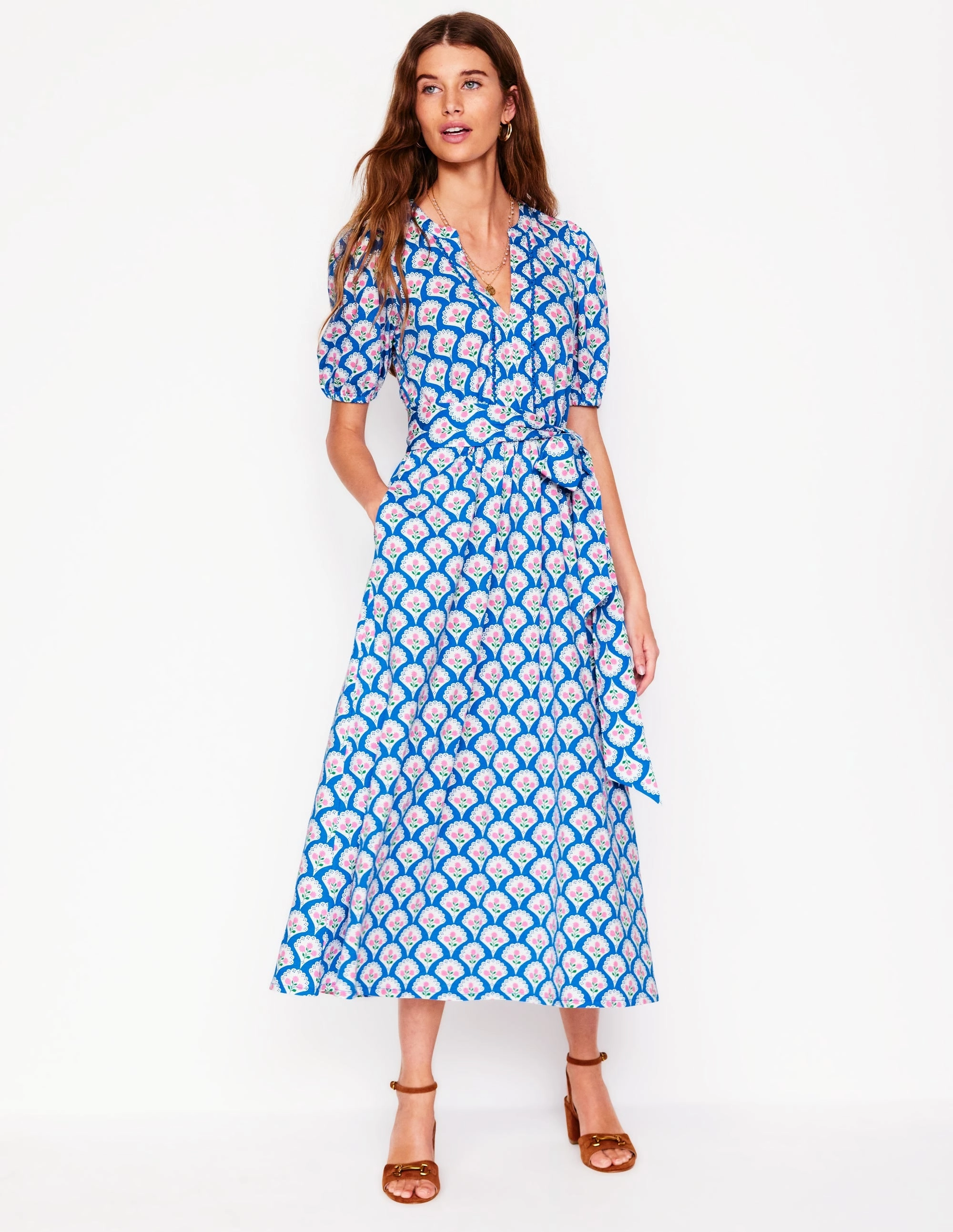 Neutral Aesthetic Sofia Trim Jersey Midi Dress-Bright Blue, Blossom Terrace