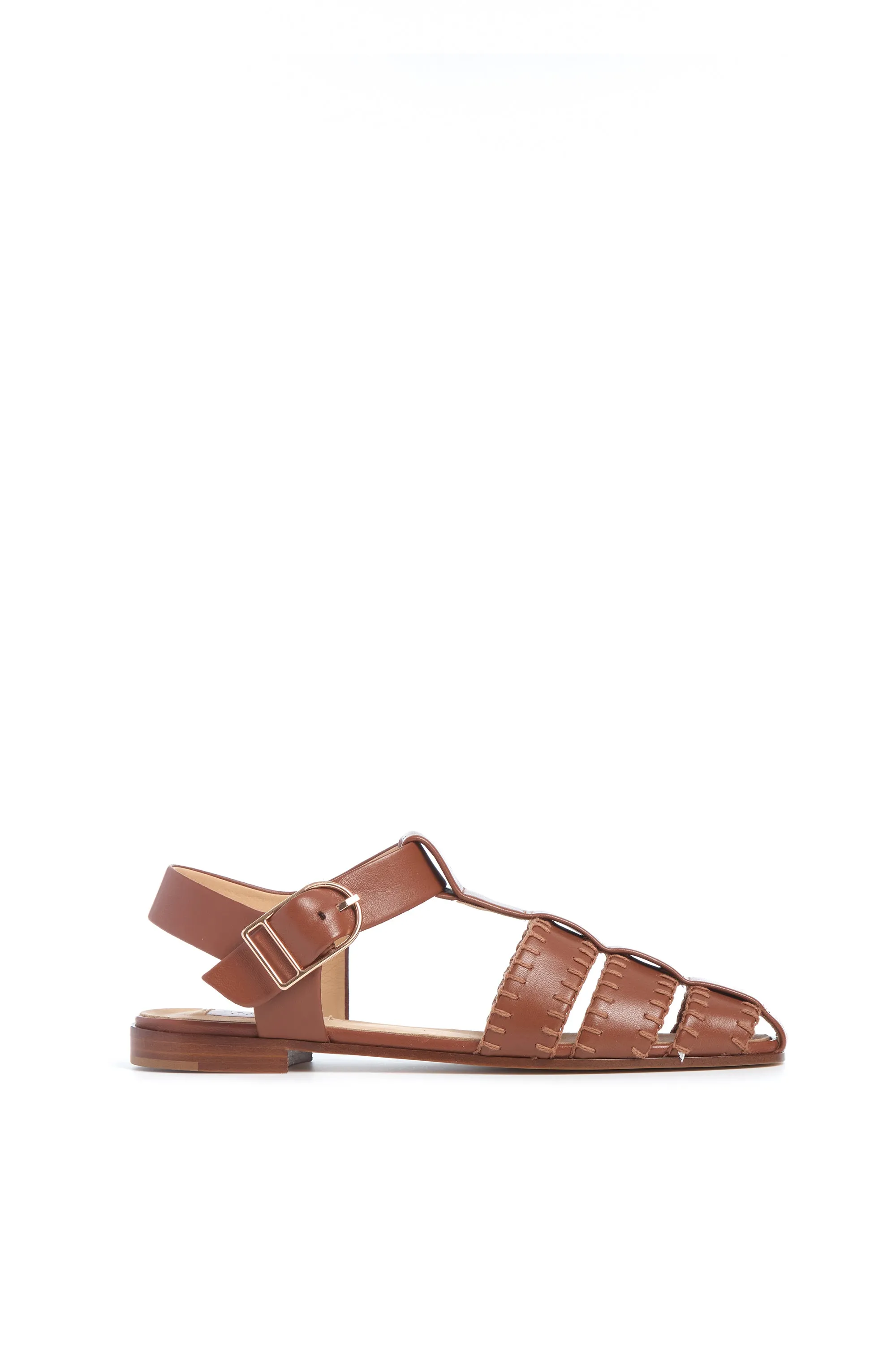 Sandal Clasps Lynn Flat Sandal in Cognac Nappa Leather with Stitch
