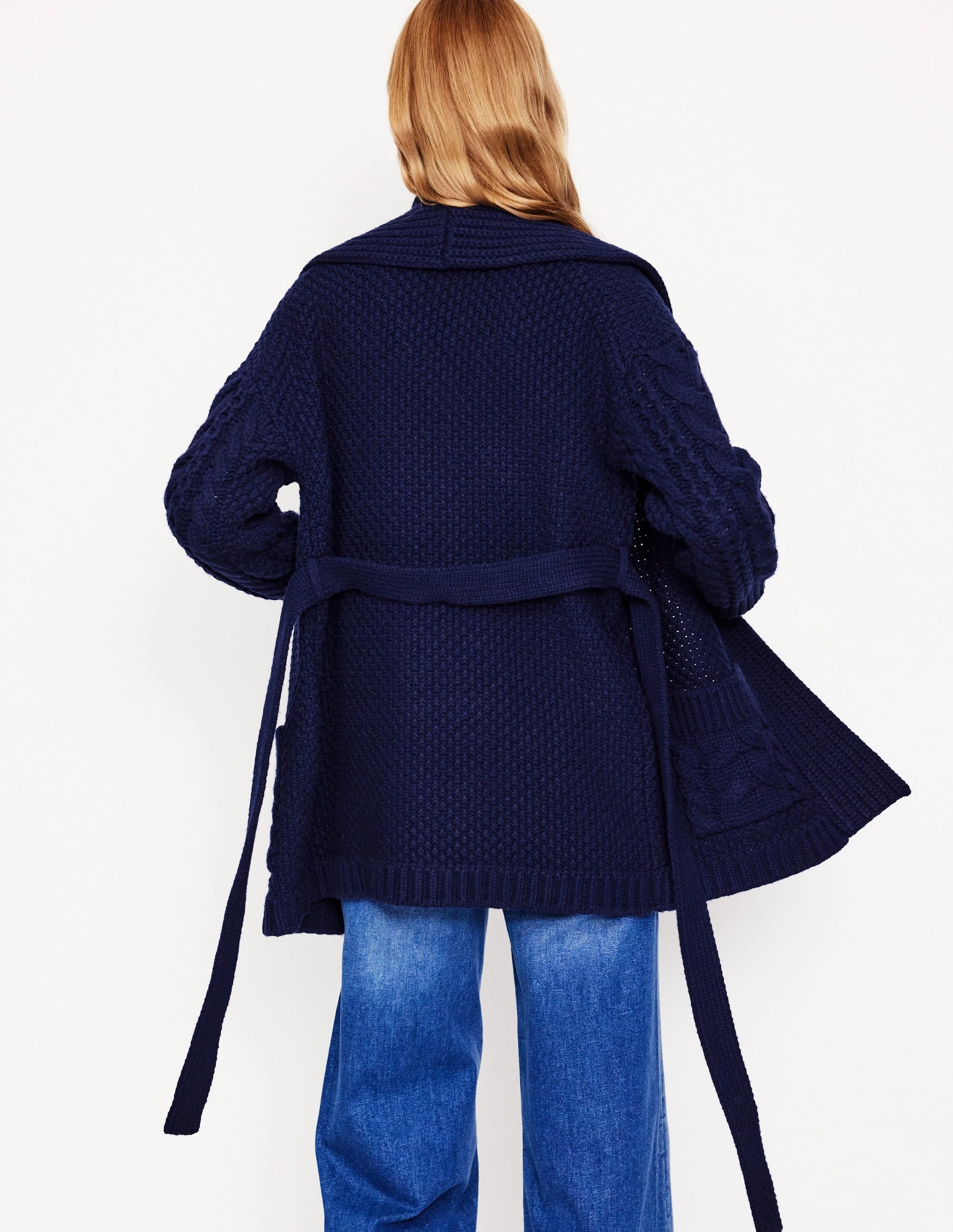 Cable Belted Cardigan-Navy Neutral palette MultiDirectional Elasticity