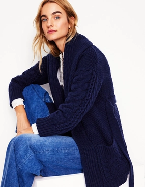 Breathable Layer Cable Belted Cardigan-Navy