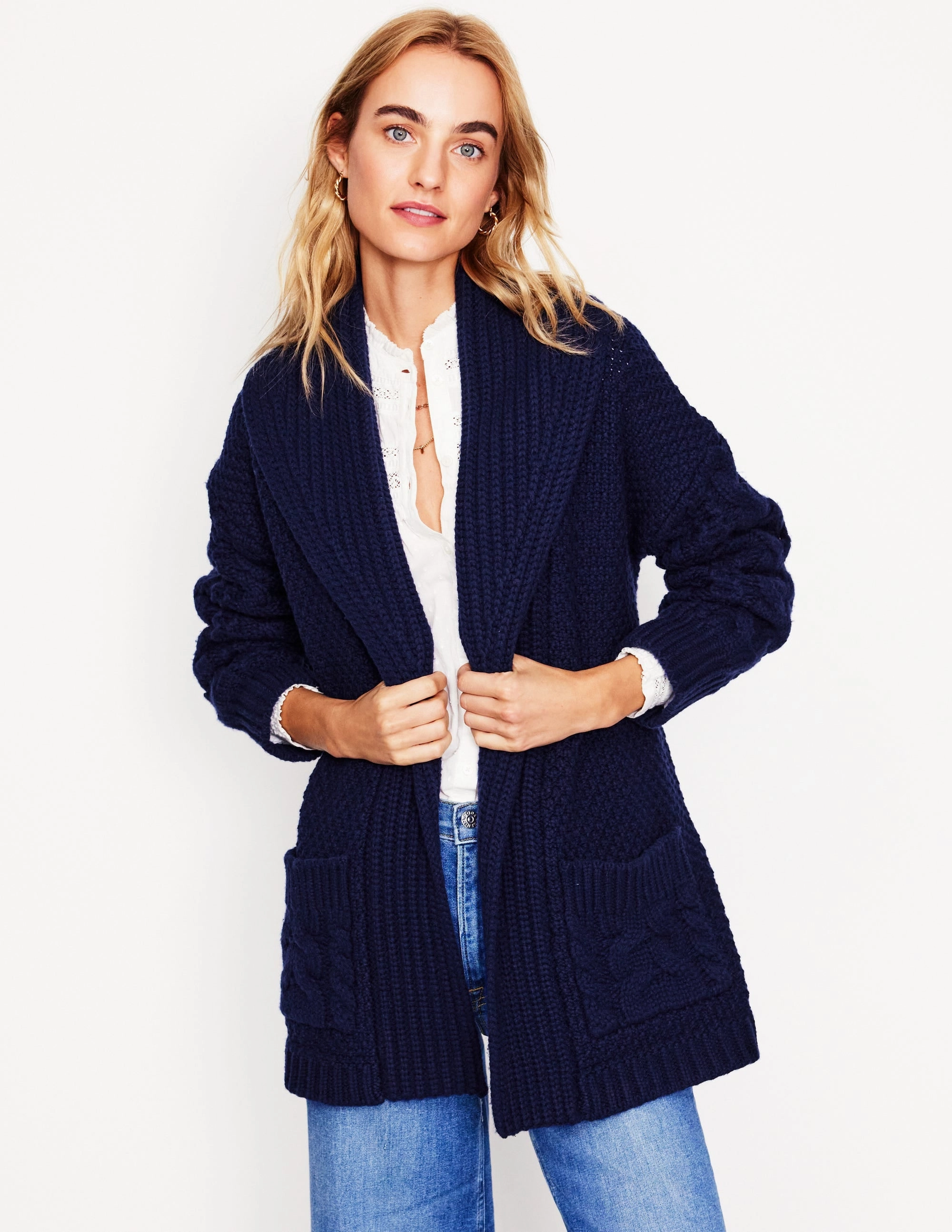 FadeResistant Treatment Cable Belted Cardigan-Navy